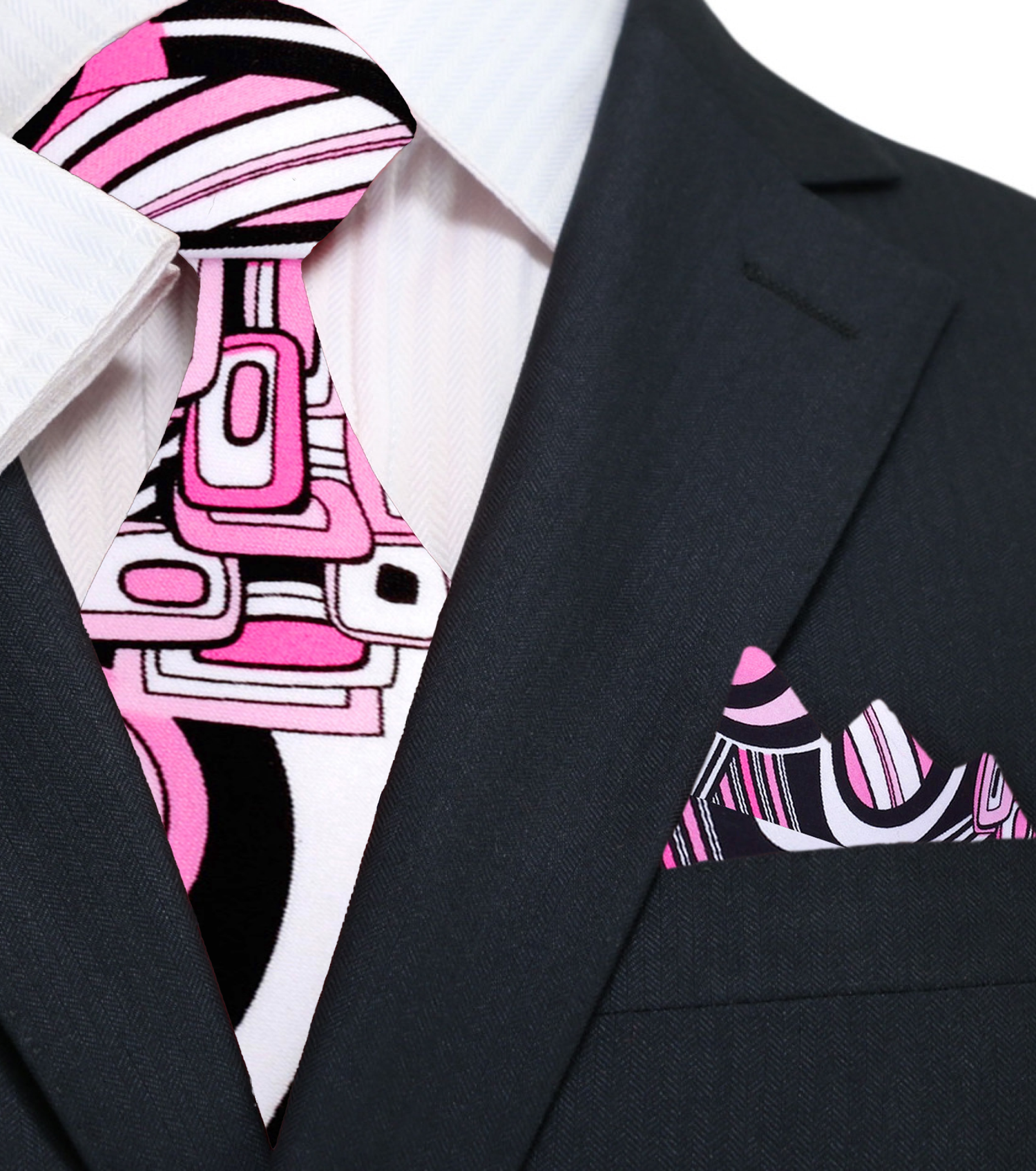 A Pink, Black, White Multi Shapes Abstract Pattern Pattern Silk Necktie, Matching Pocket Square