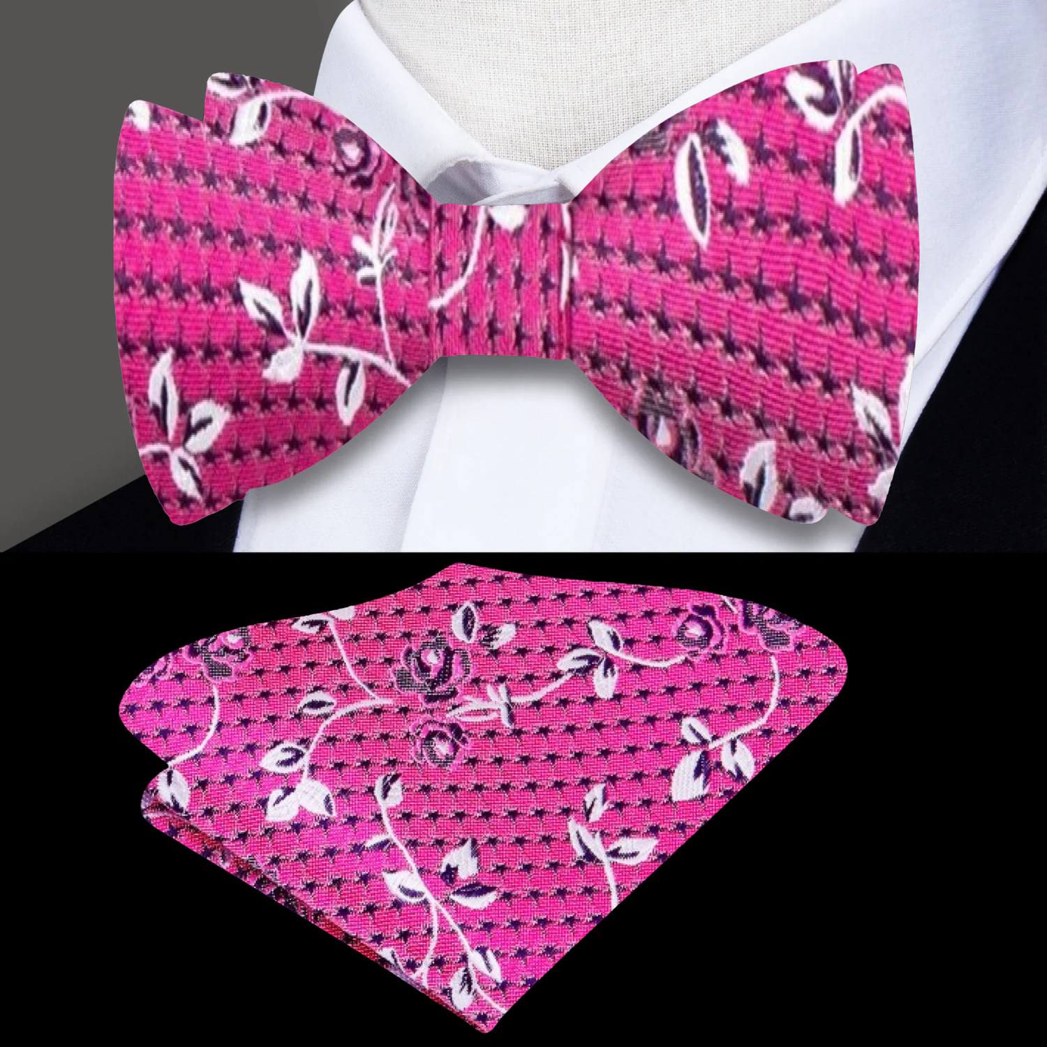 A Pink Intricate Floral Pattern Silk Self Tie Bow Tie and Square