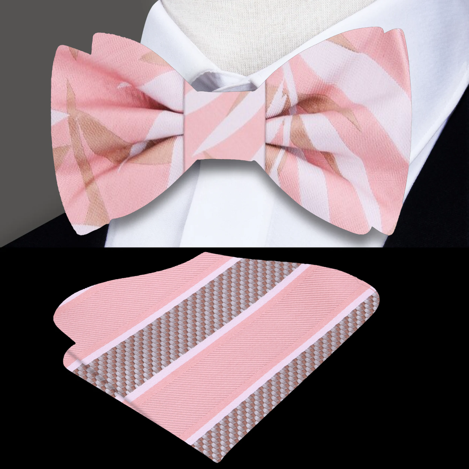 Light Pink, Salmon, Light Brown Sketched Leaves Bow Tie And Accenting Stripe Pocket Square
