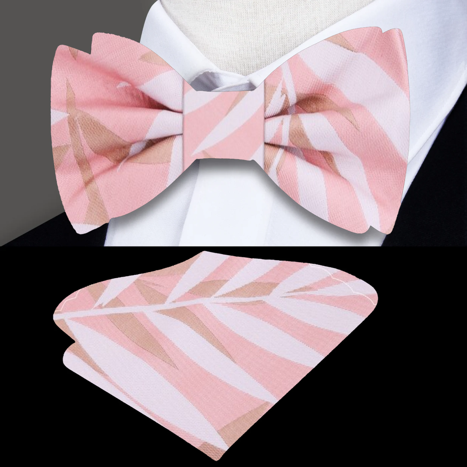 Light Pink, Salmon, Light Brown Sketched Leaves Bow Tie And Pocket Square