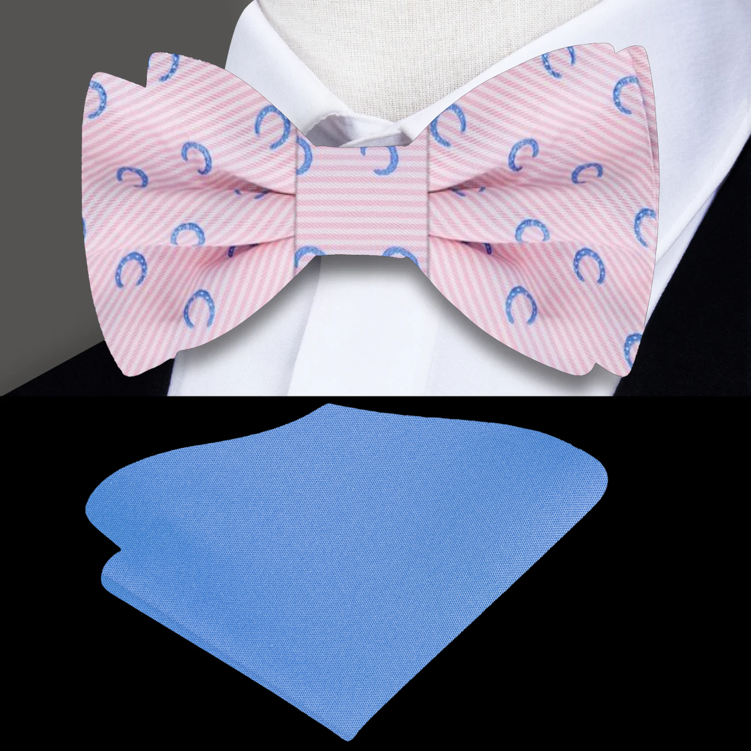 Light Pink Light Blue Horseshoes Tie And Blue Pocket Square