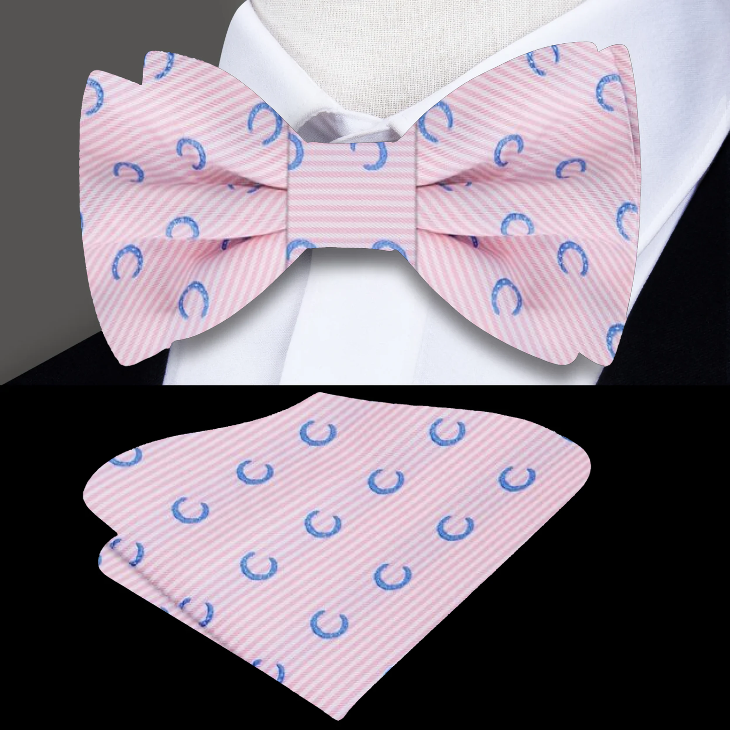 Light Pink Light Blue Horseshoes Tie And Pocket Square