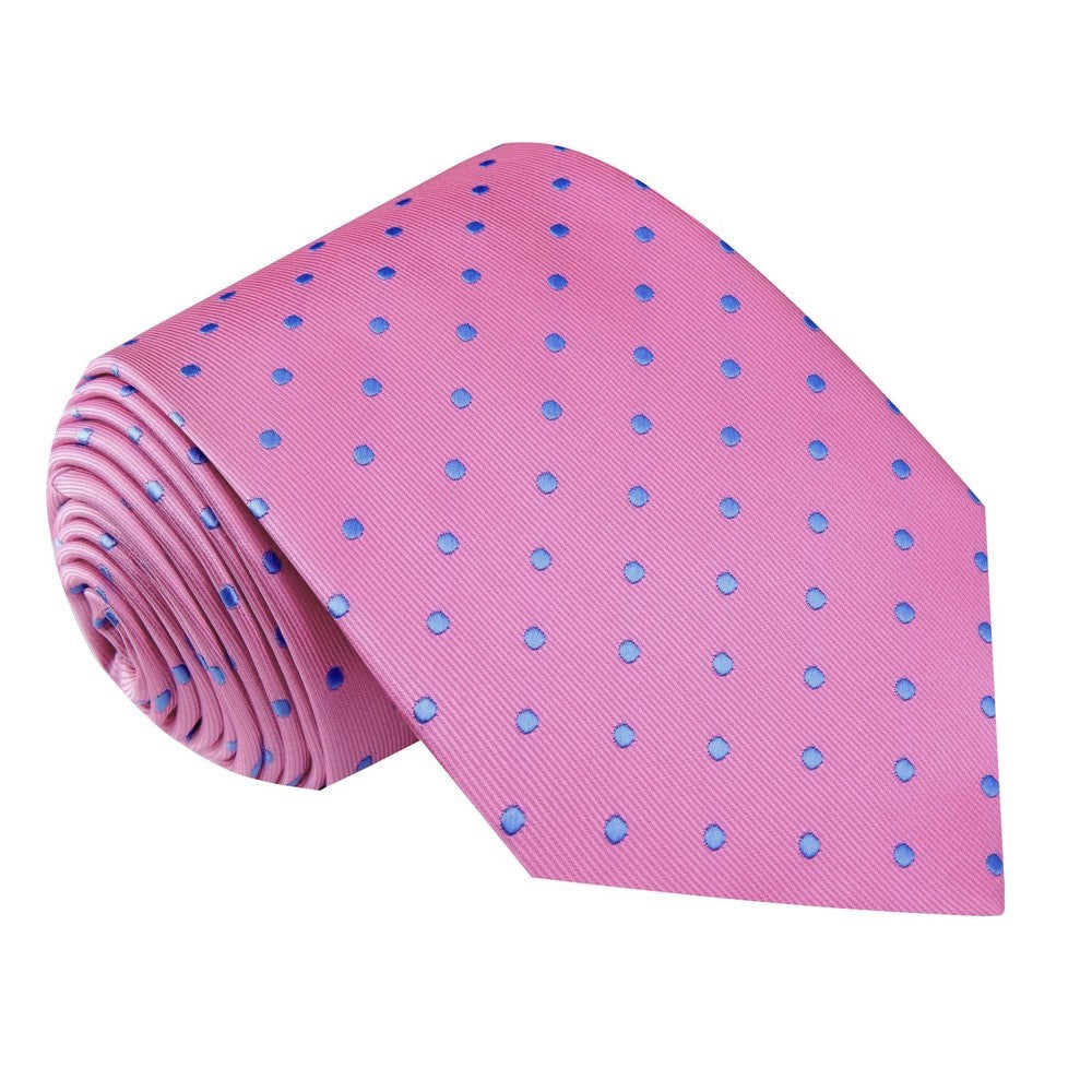 A Pink, Light Blue Small Polka Dots Pattern Silk Necktie 