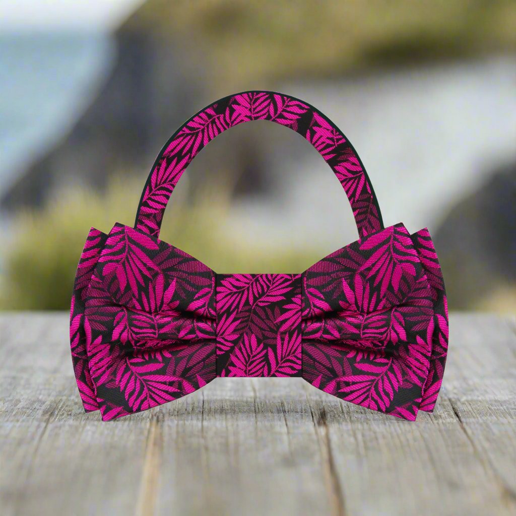 Black, Pink Leaves Bow Tie Pre Tied