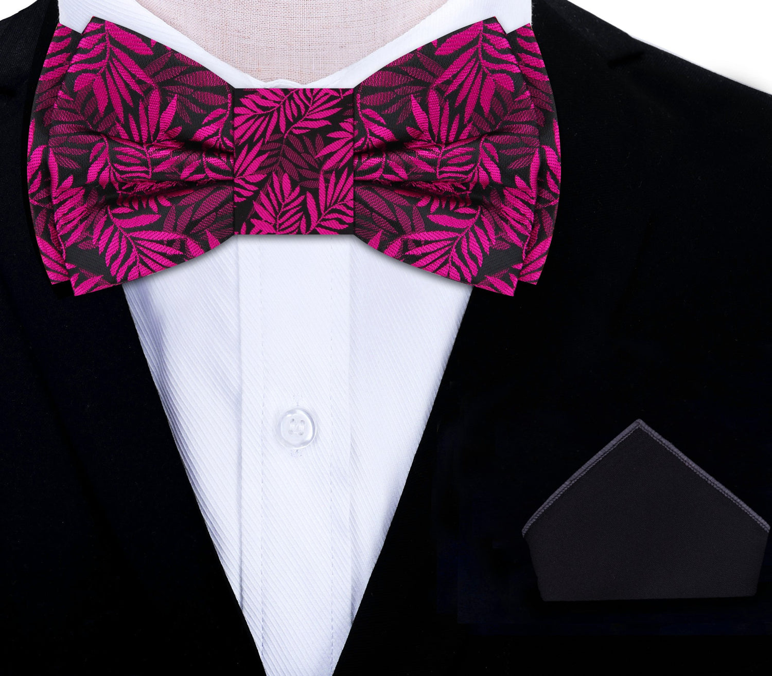On Suit: Black, Pink Leaves Bow Tie and Black Square