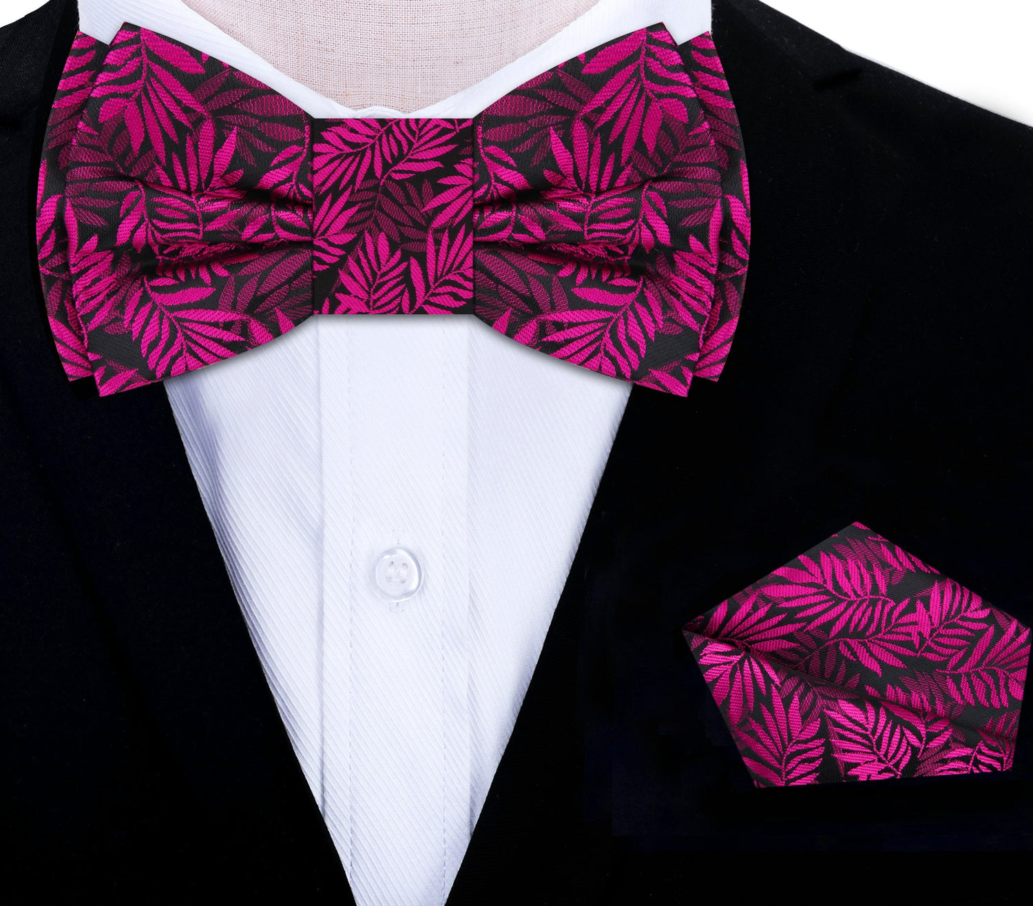 On Suit: Black, Pink Leaves Bow Tie and Matching Square