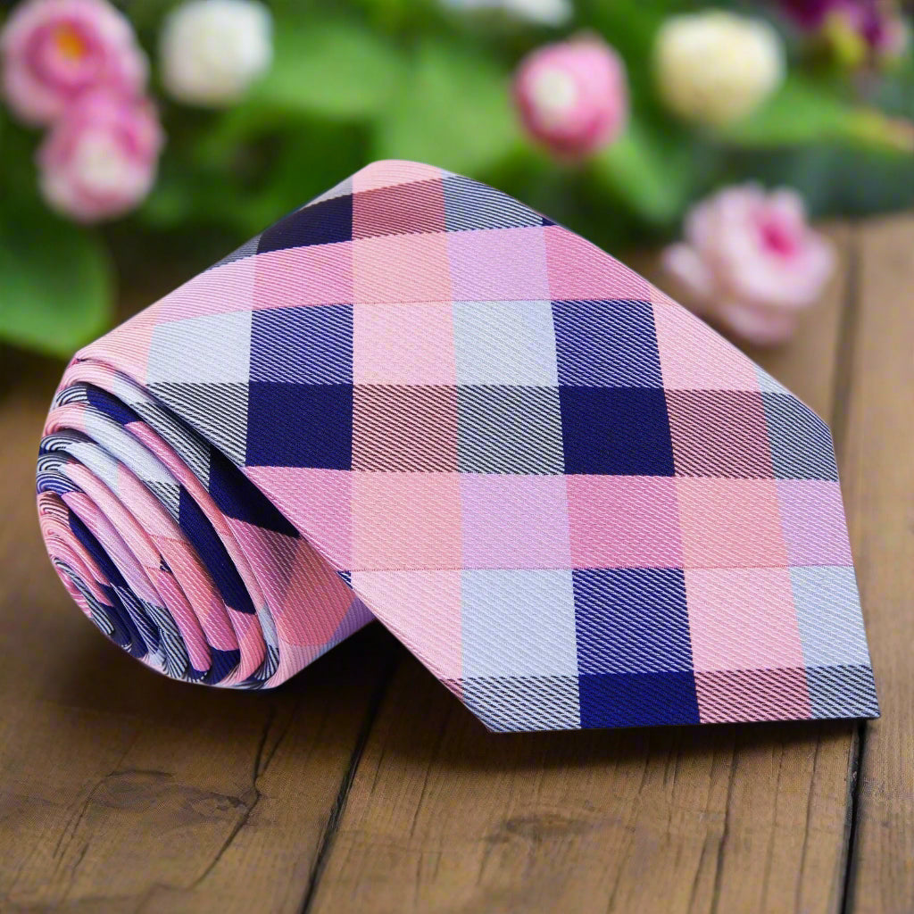 Pink Blue Check necktie