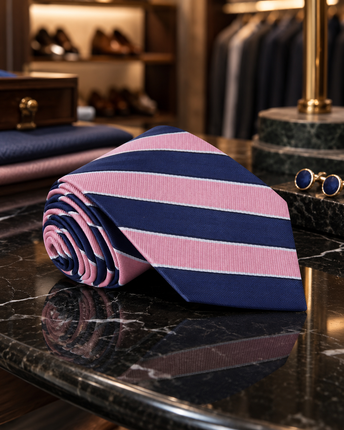 A rolled necktie with alternating navy blue and pink stripes, displayed on a polished black marble surface in a luxury retail setting.