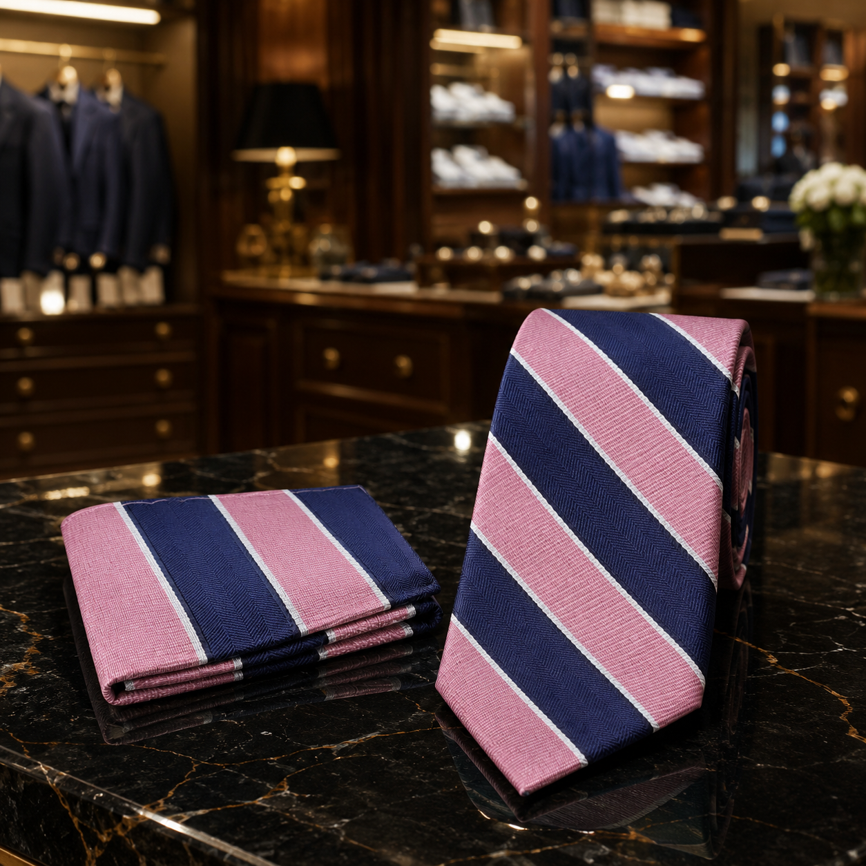 A striped necktie and matching pocket square set in a luxury clothing boutique. The tie features diagonal stripes of navy blue, pink, and thin white lines, while the matching pocket square is folded beside it on a polished black marble counter.