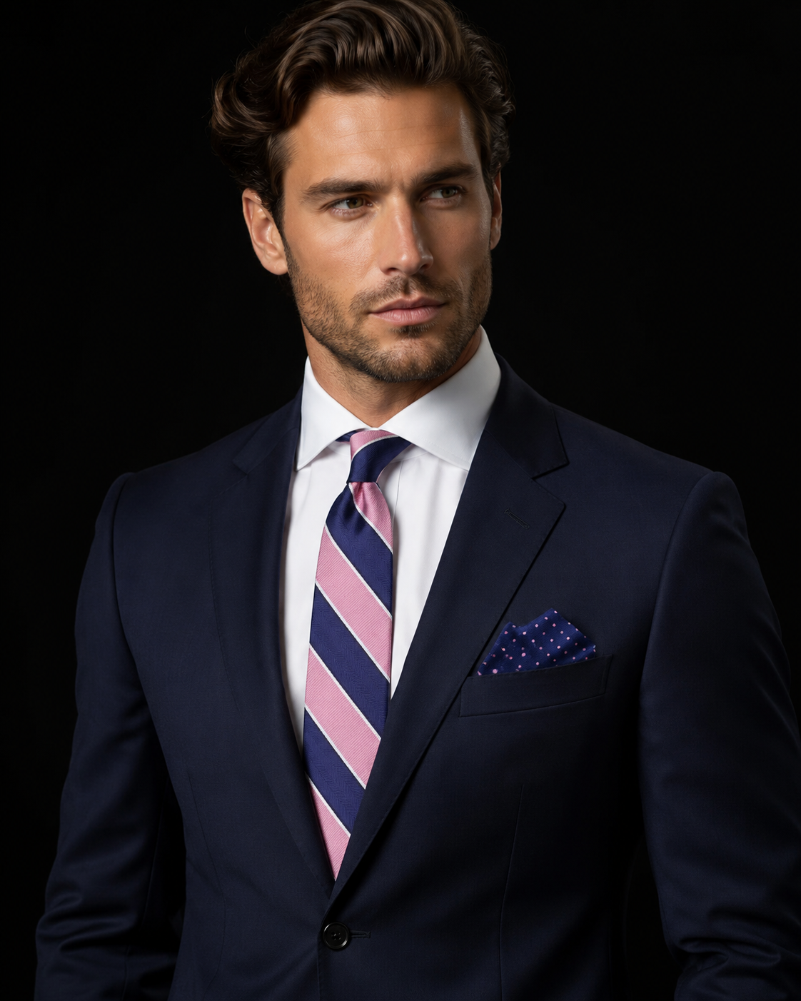 A man wearing a navy blue suit jacket, white dress shirt, a pink and navy striped tie, and a matching patterned pocket square, posed against a solid black background.