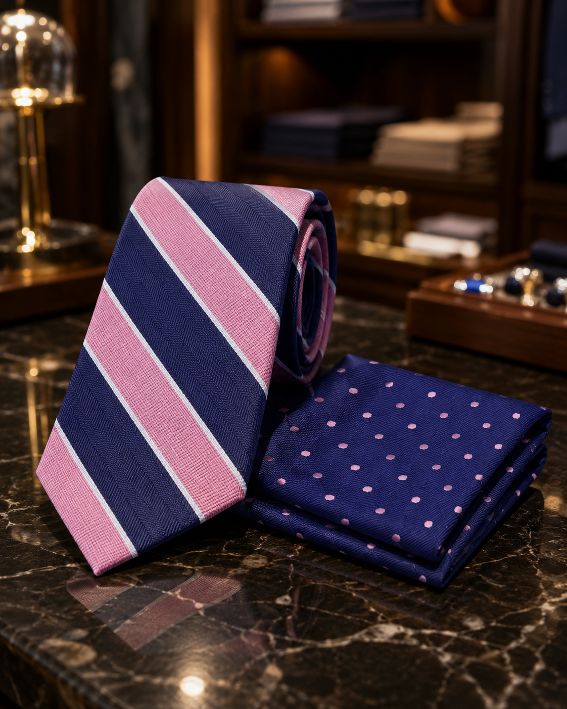 A men's necktie and matching pocket square set displayed on a dark marble surface. The tie features diagonal stripes in navy blue, pink, and thin white lines, while the matching pocket square is folded to show a navy base with pink polka dots.