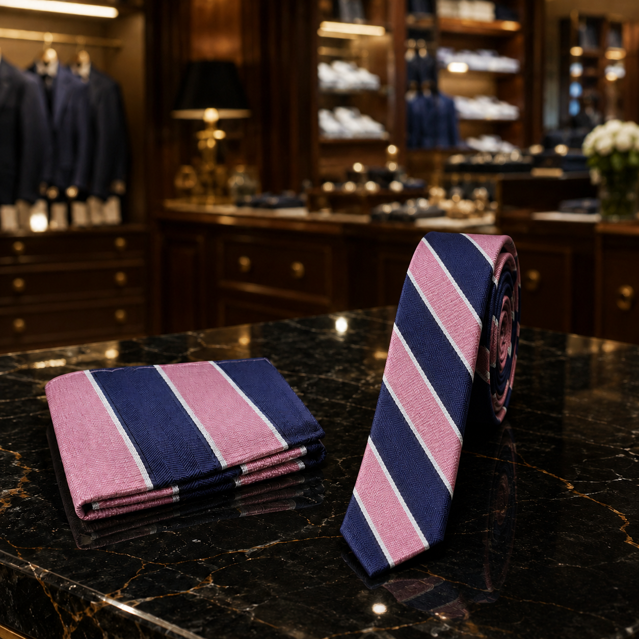 A striped necktie and matching folded pocket square displayed on a dark marble counter inside a luxury clothing boutique.