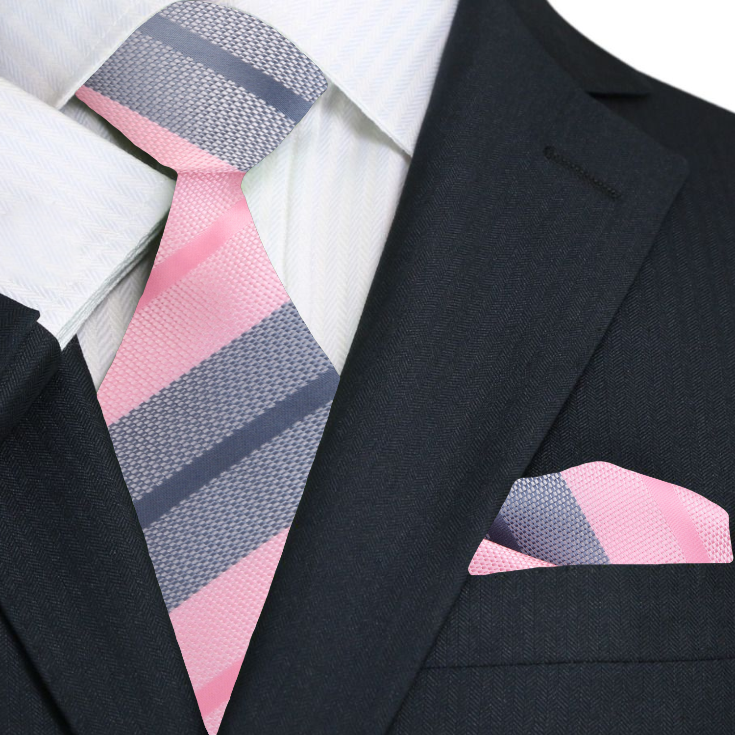 A pink and grey striped necktie paired with a matching pocket square dressed in a black suit and a white shirt.