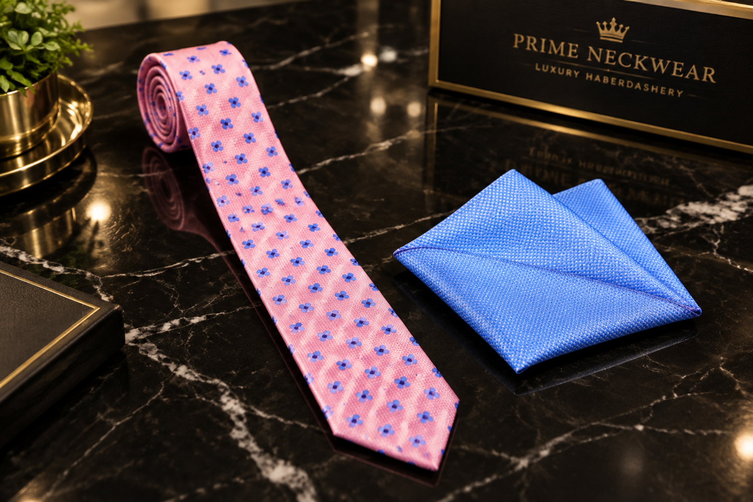 Pink with Small Floral Motifs Thin Tie and Blue Square