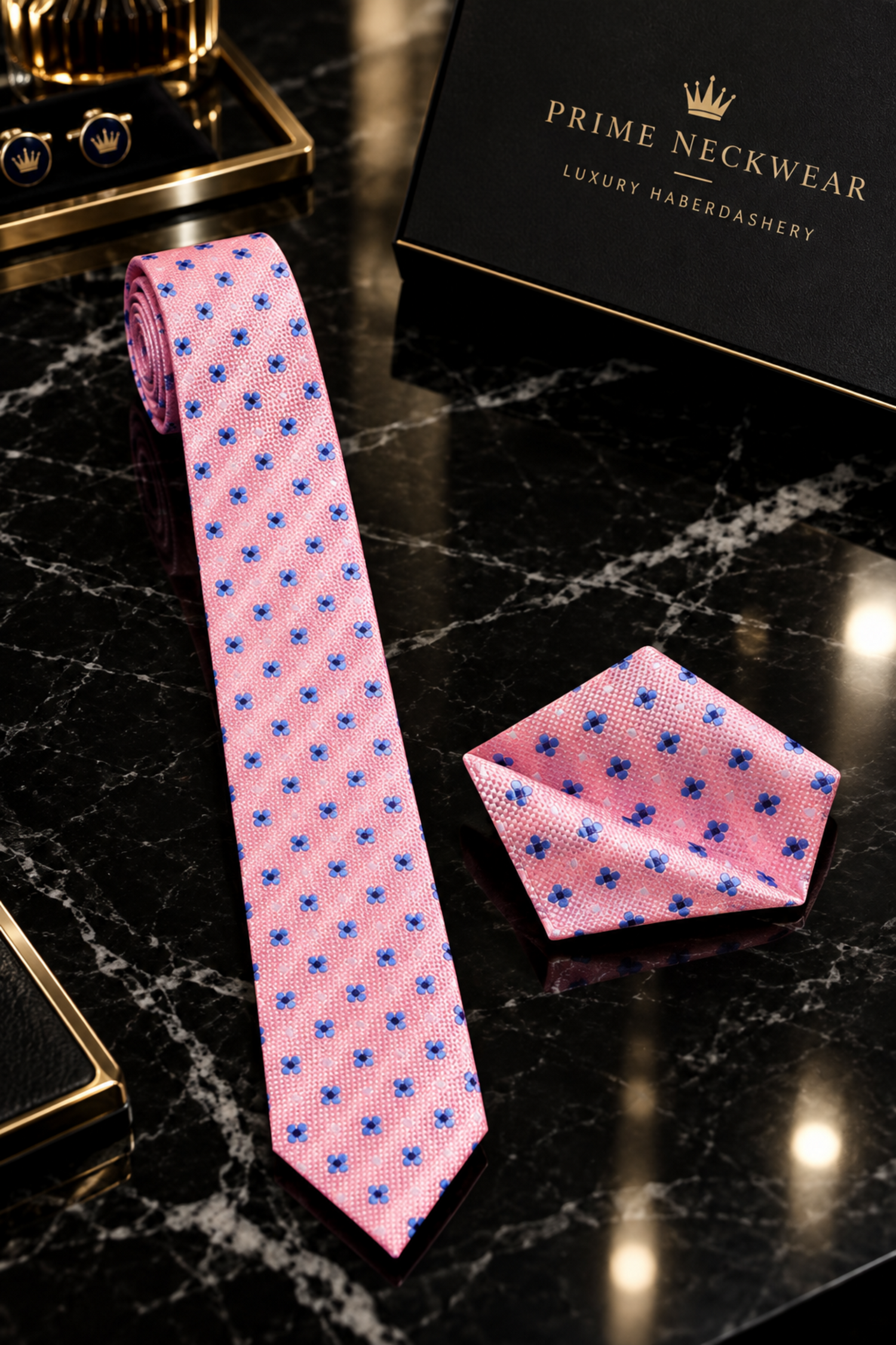 Pink with Small Floral Motifs Thin Tie and Square