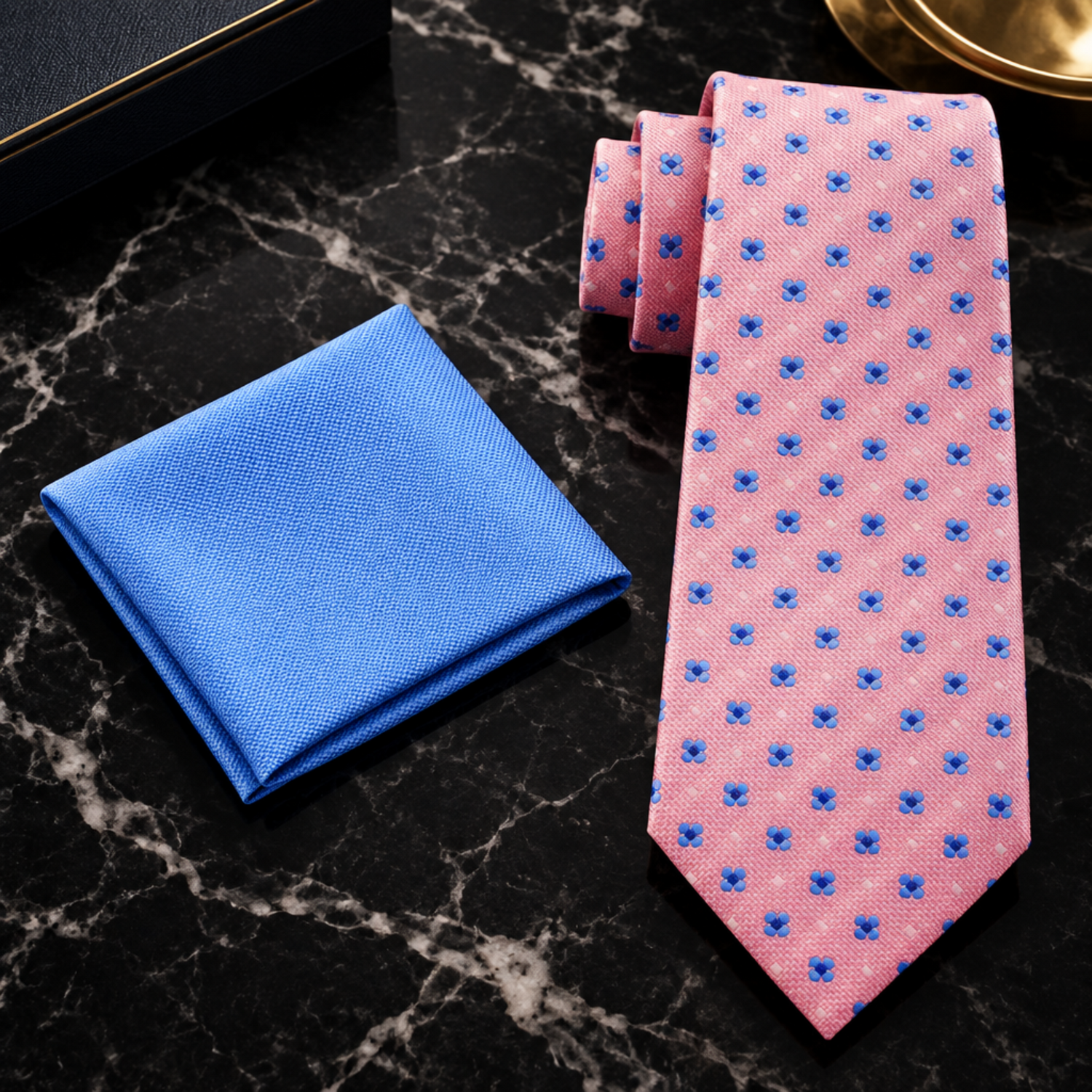 Pink with Small Floral Motifs Tie and Blue Square