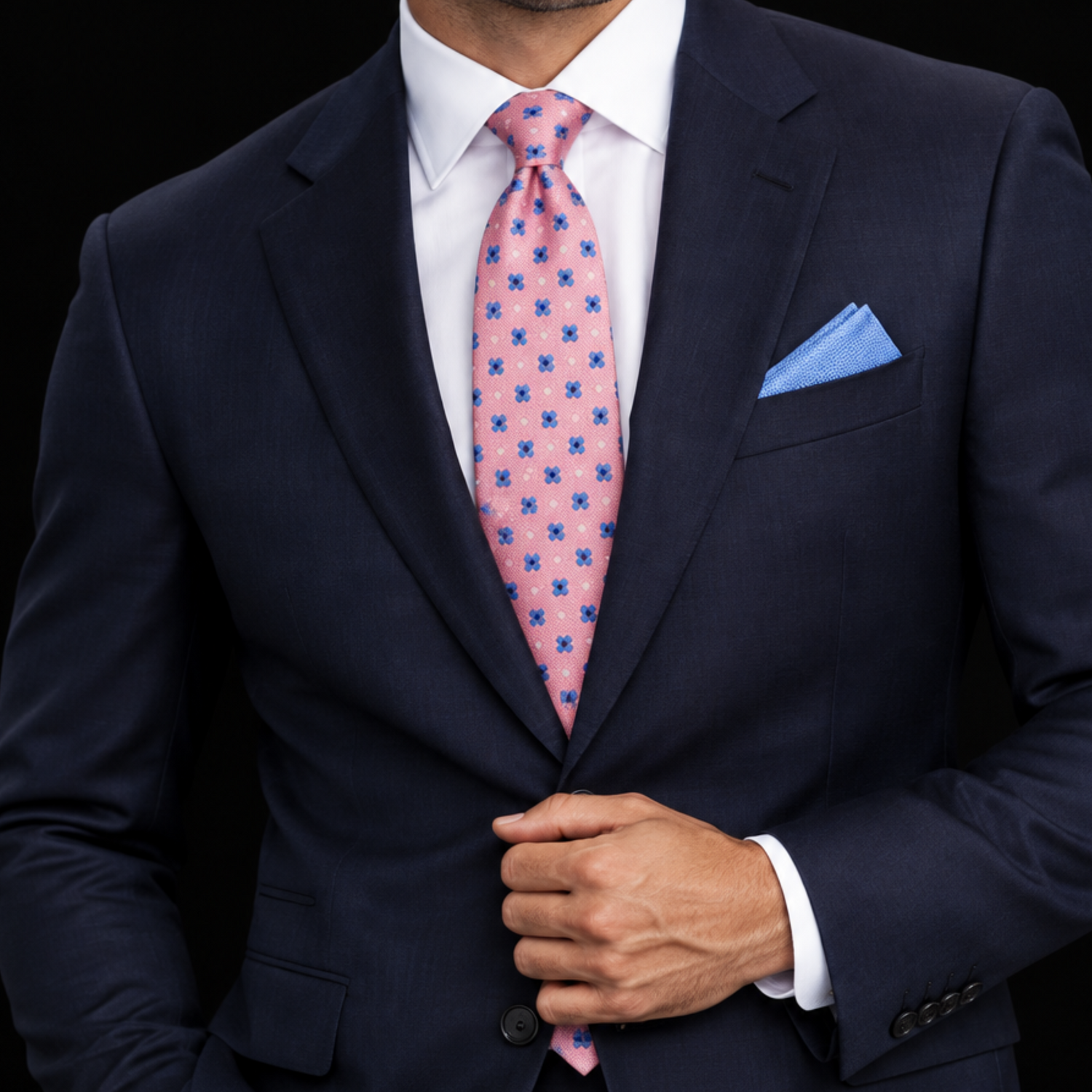 Pink with Small Floral Motifs Tie and Square on man