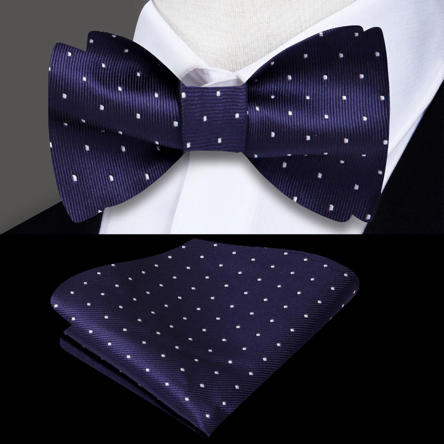 Midnight Blue White Polka Bow Tie and Square