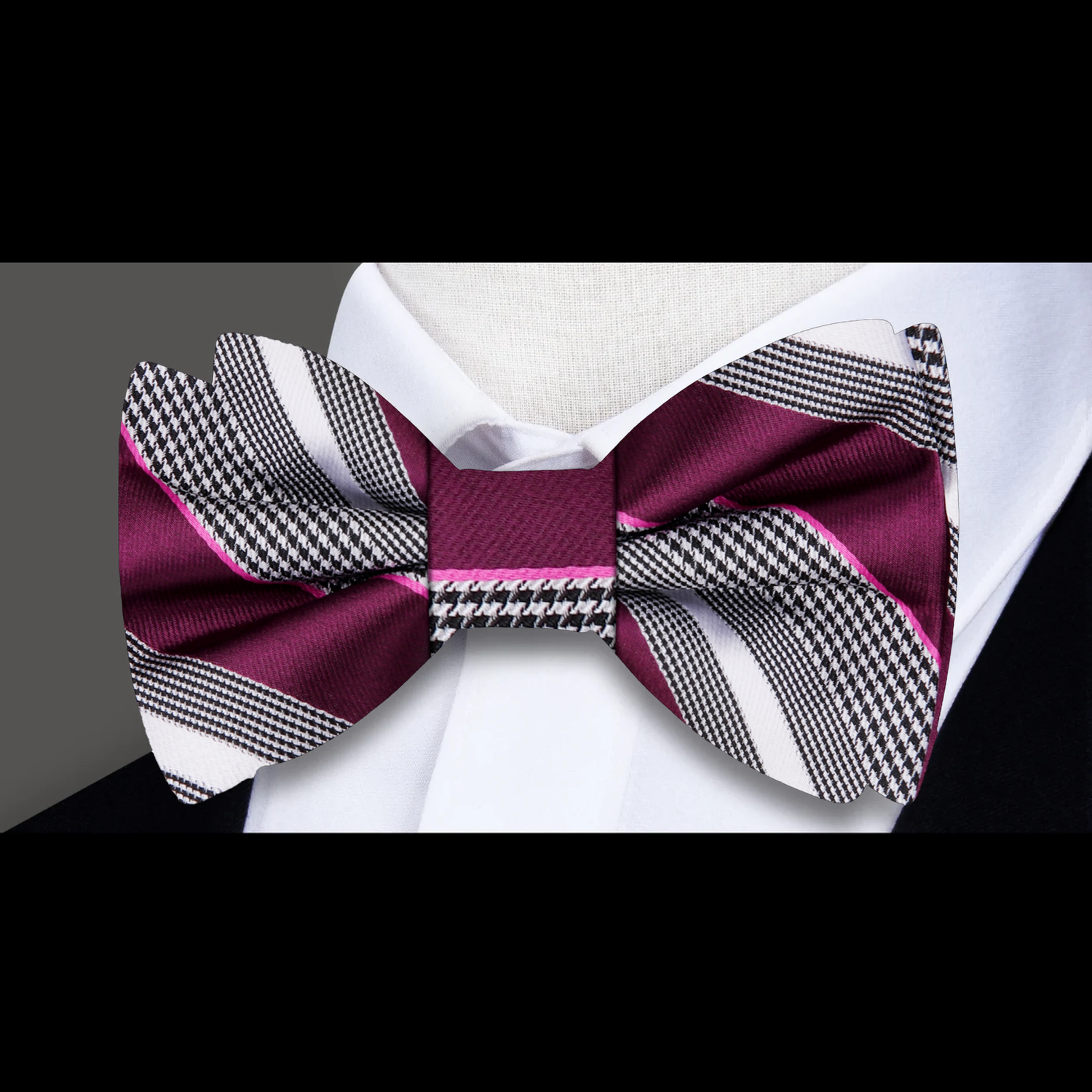 Plum, Grey, White Stripe Bow Tie