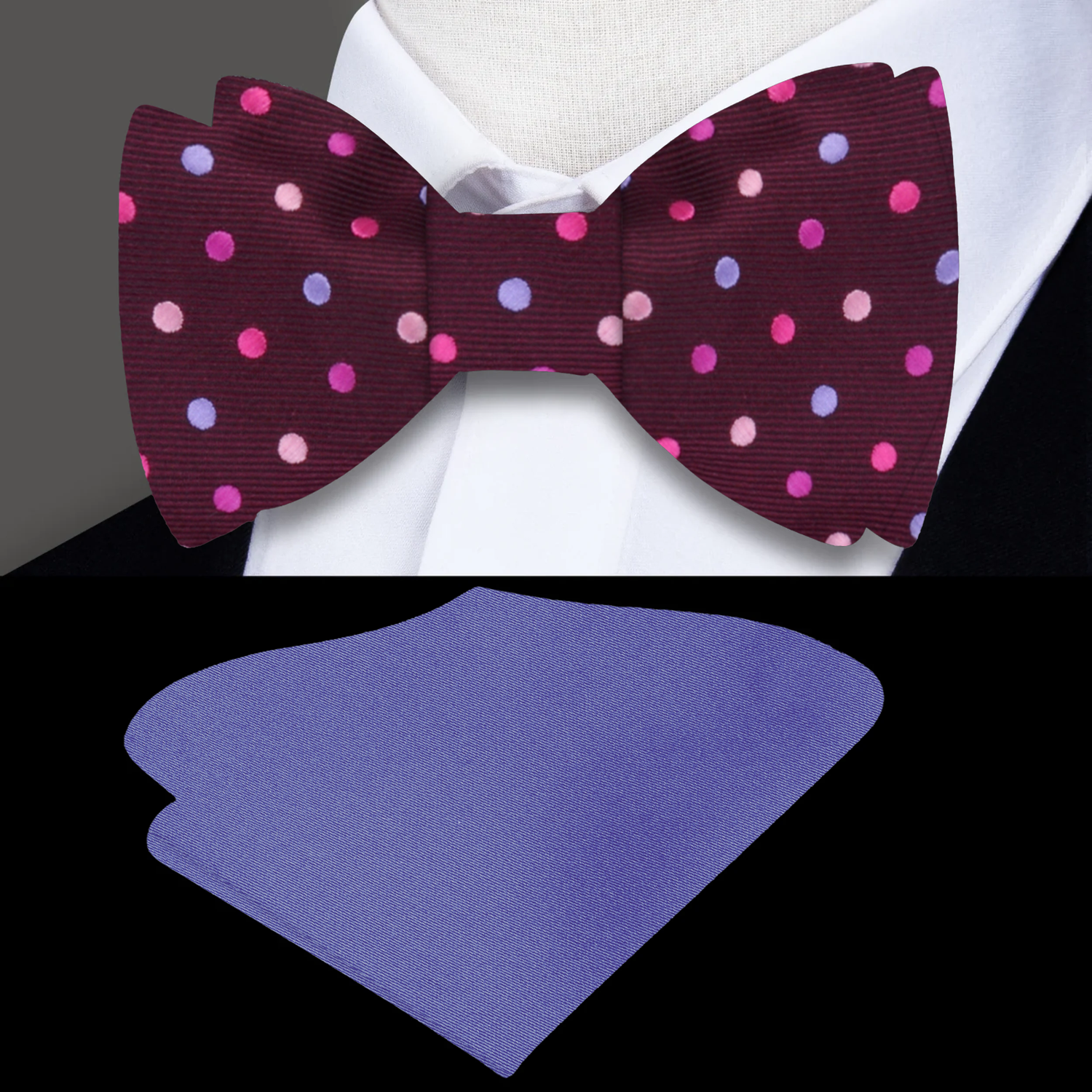 Plum, Peach, Purple Polka Bow Tie and Accenting Pocket Square