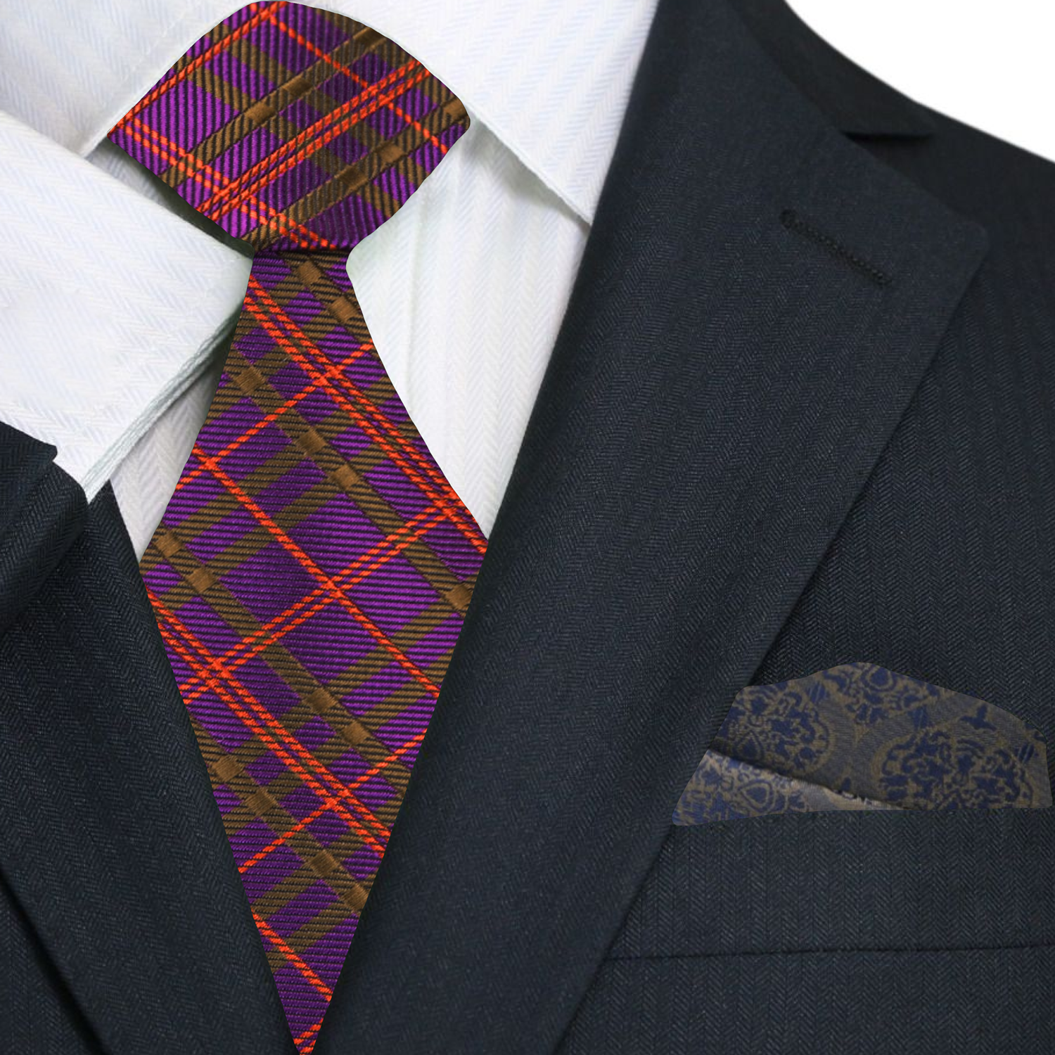 Purple, Red, Olive Plaid Silk Necktie with Olive and Blue Abstract Pocket Square On Suit