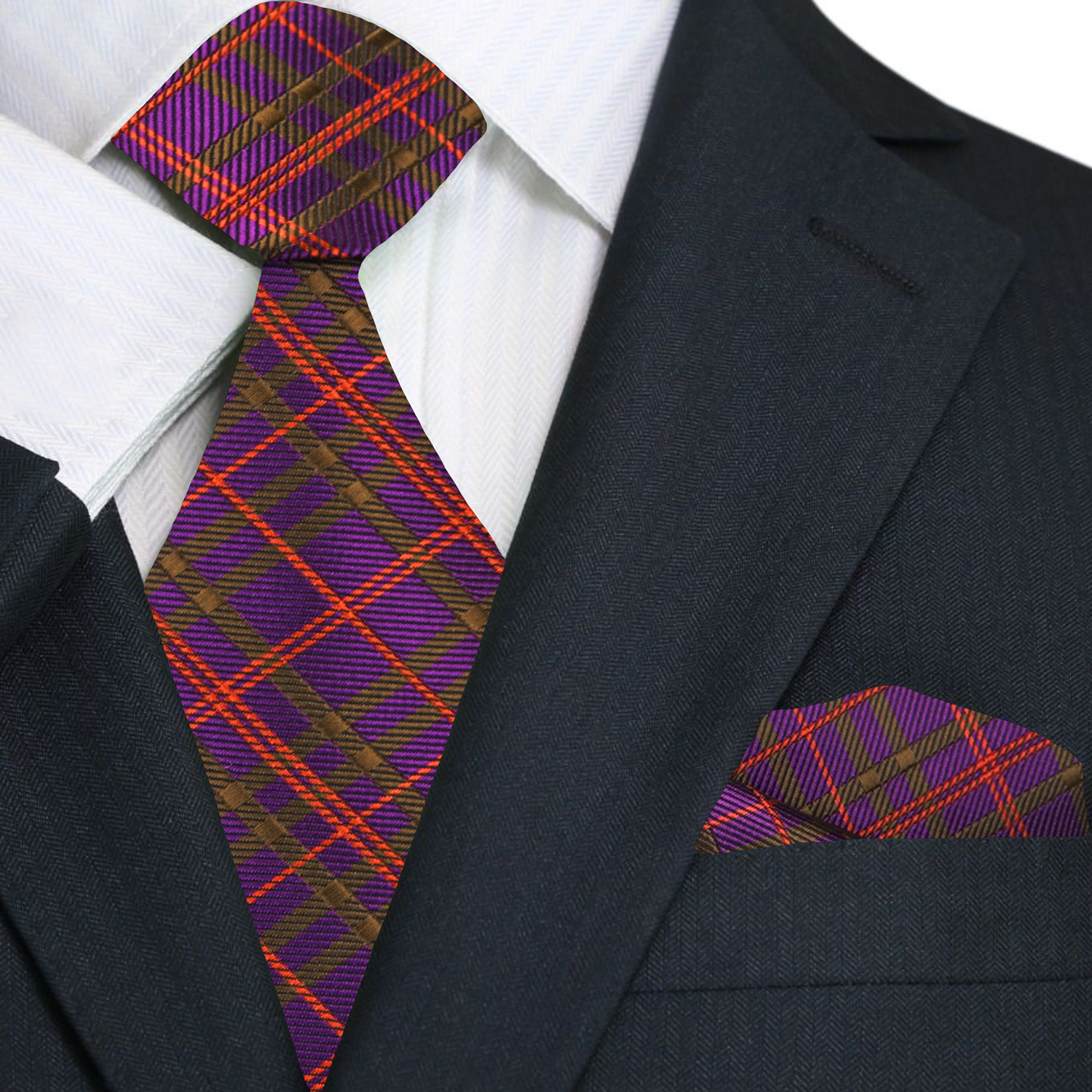 Premium Purple, Red, Olive Plaid Silk Necktie with Olive and Matching Pocket Square On Suit