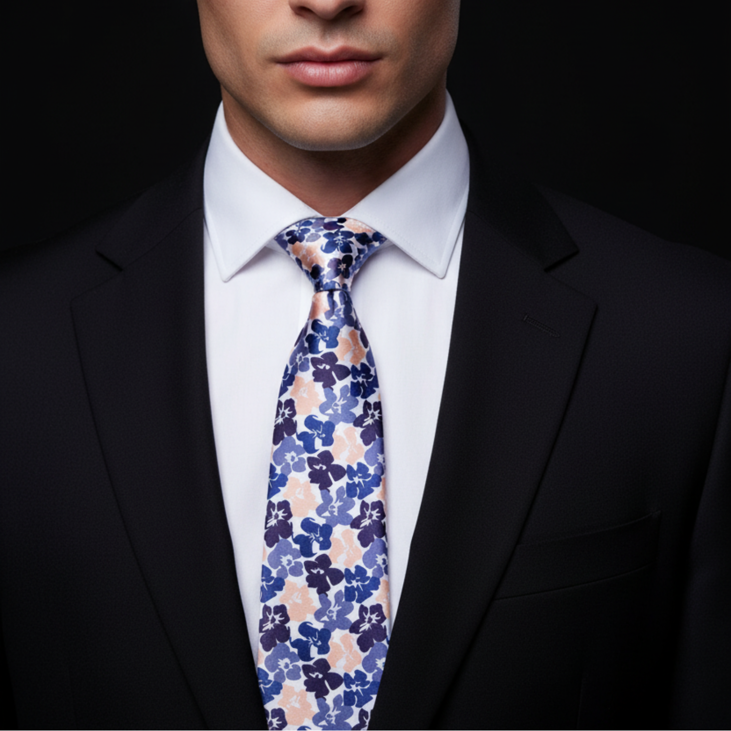 Man wearing a black suit with a white shirt and a patterned blue tie against a dark background