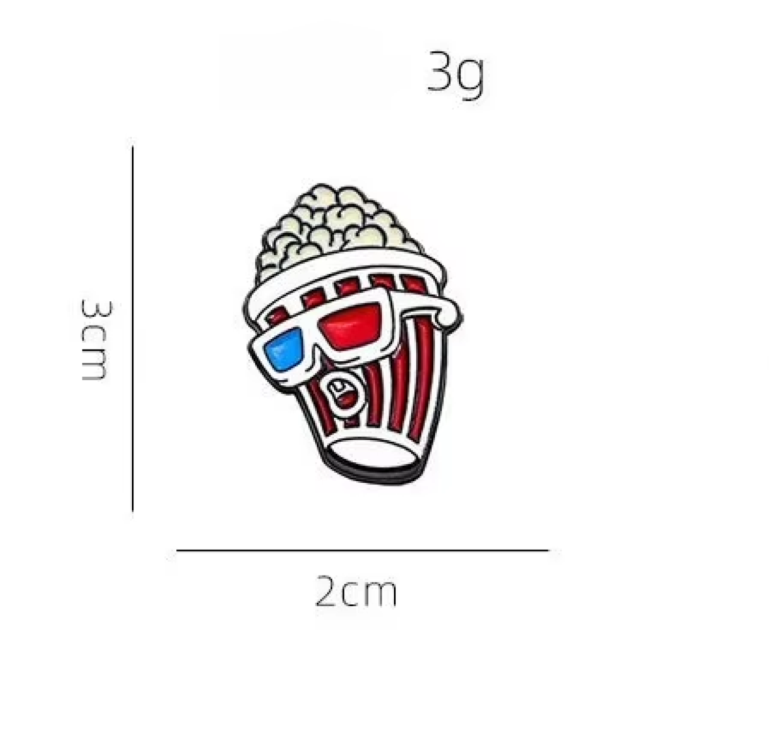 A small popcorn bucket enamel pin with 3D glasses and popcorn, shown with dimension lines indicating 3cm height and 2cm width, plus '3g' text on a white background.