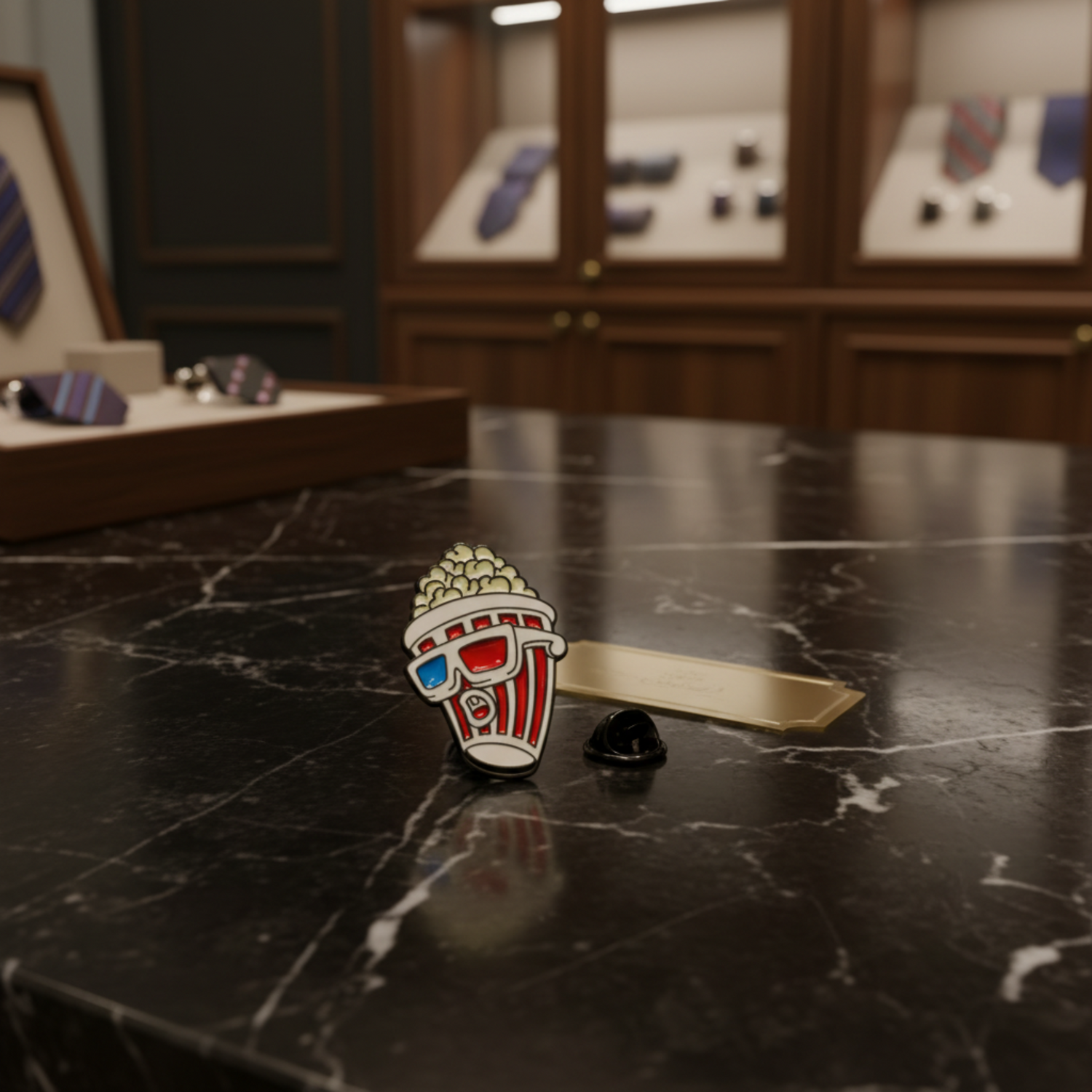 A popcorn bucket enamel pin with 3D glasses and popcorn, shown next to its black metal clutch backing background.