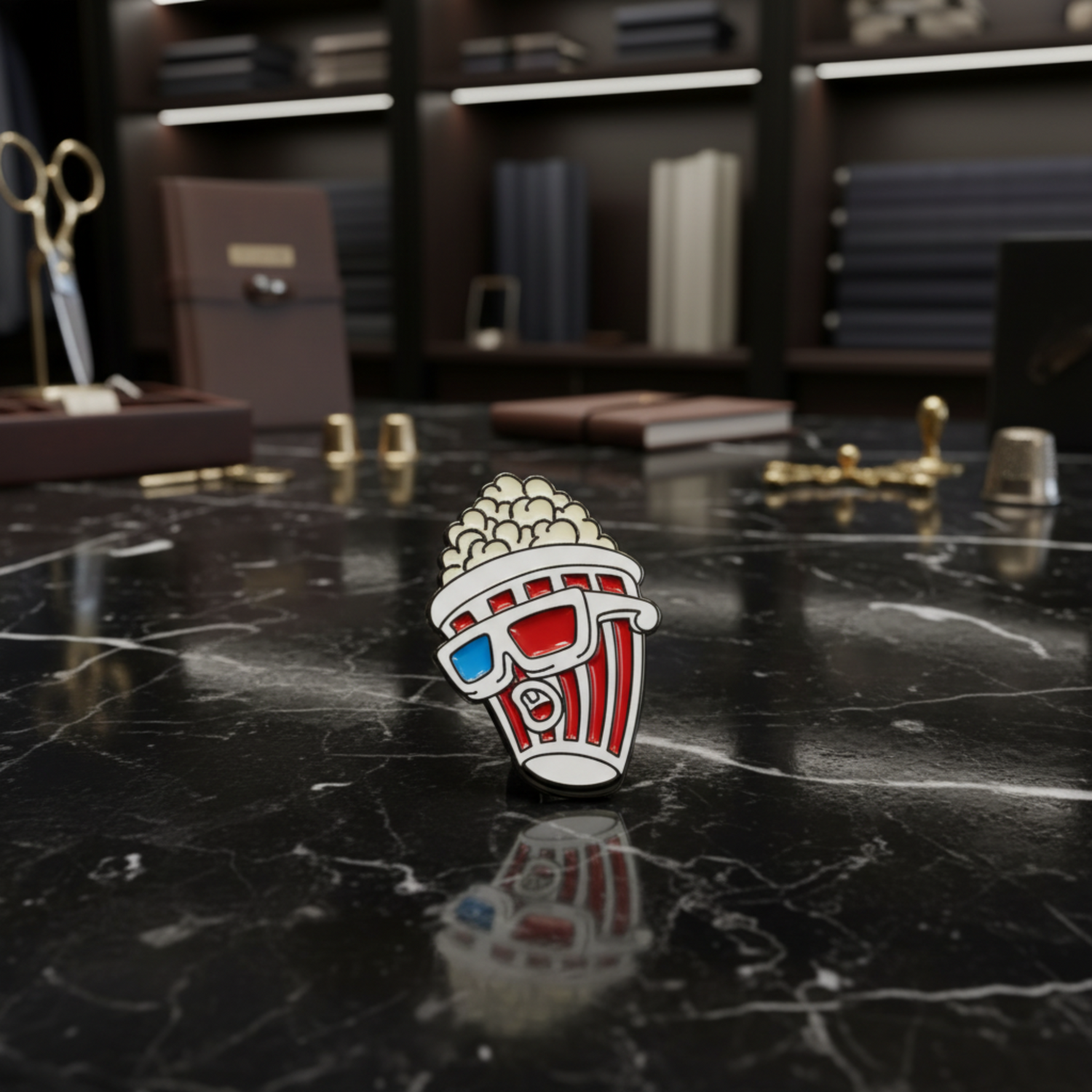 A novelty enamel pin shaped like a bucket of popcorn wearing 3D glasses, featuring red and white striped sides, white popcorn at the top, and red and blue 3D glasses 