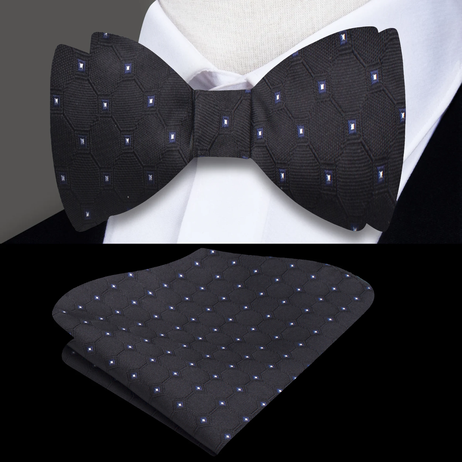 Main: Black Geometric Bow Tie and Pocket Square
