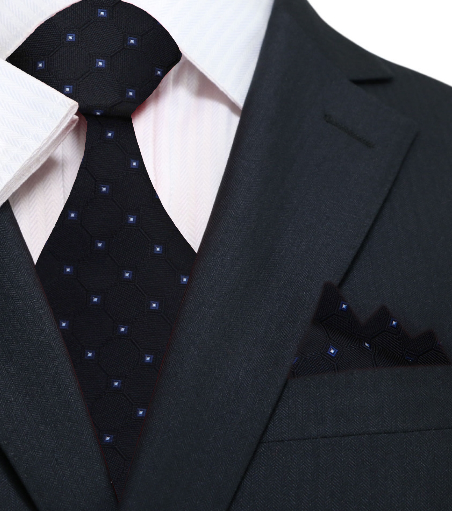 Main: A Black, White Geometric Texture With Small Black, White Checks Silk Necktie, Pocket Square
