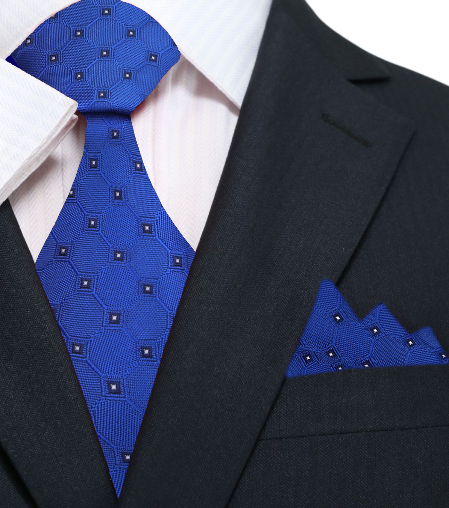 Main A Blue, Black, White Geometric Texture With Small Black, White Checks Silk Necktie, Pocket Square
