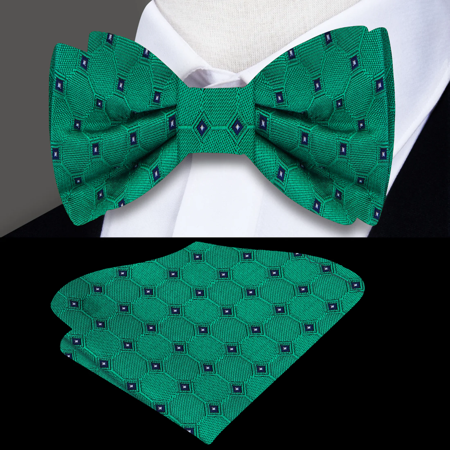 Main: Green Geometric Bow Tie and Pocket Square