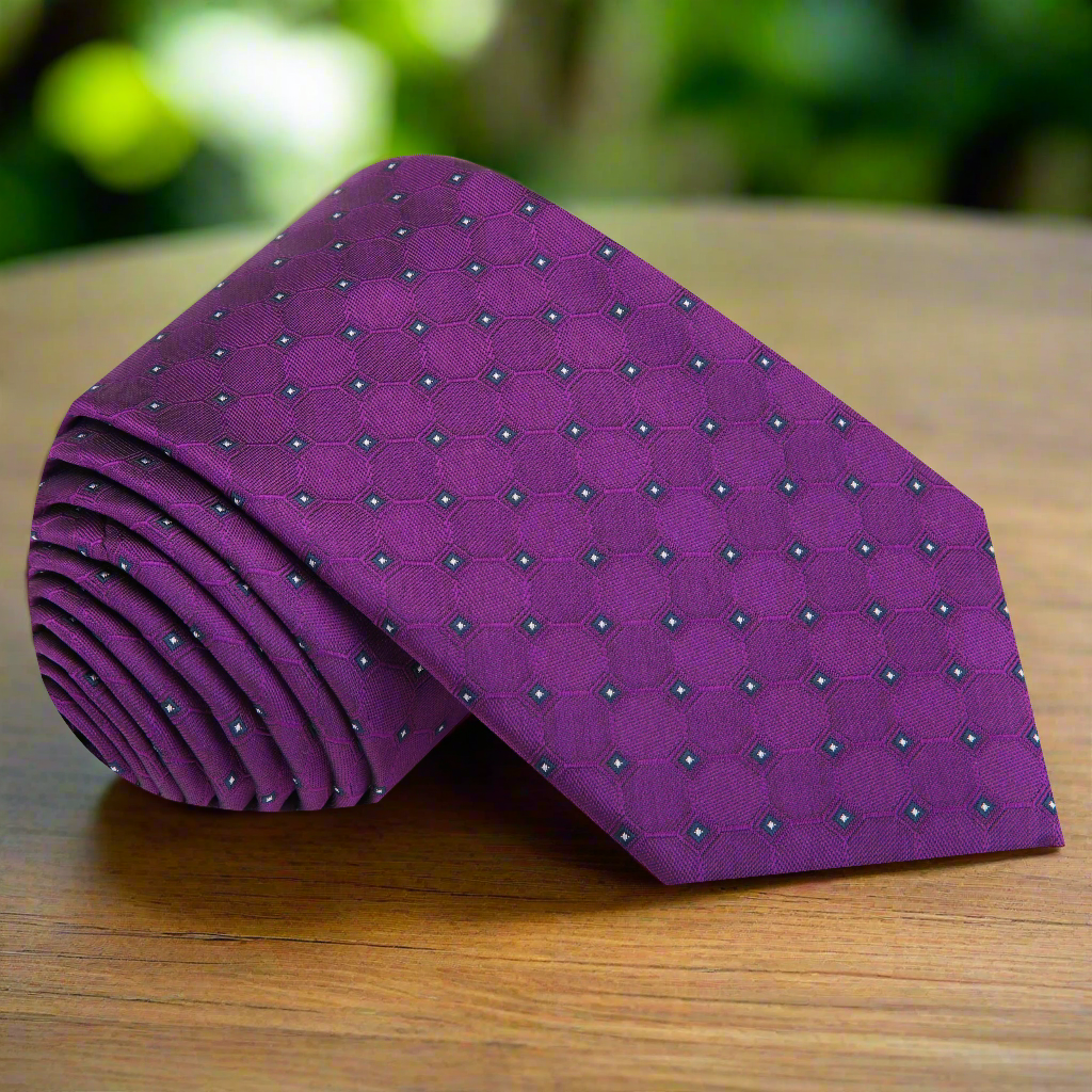 a purple geometric necktie