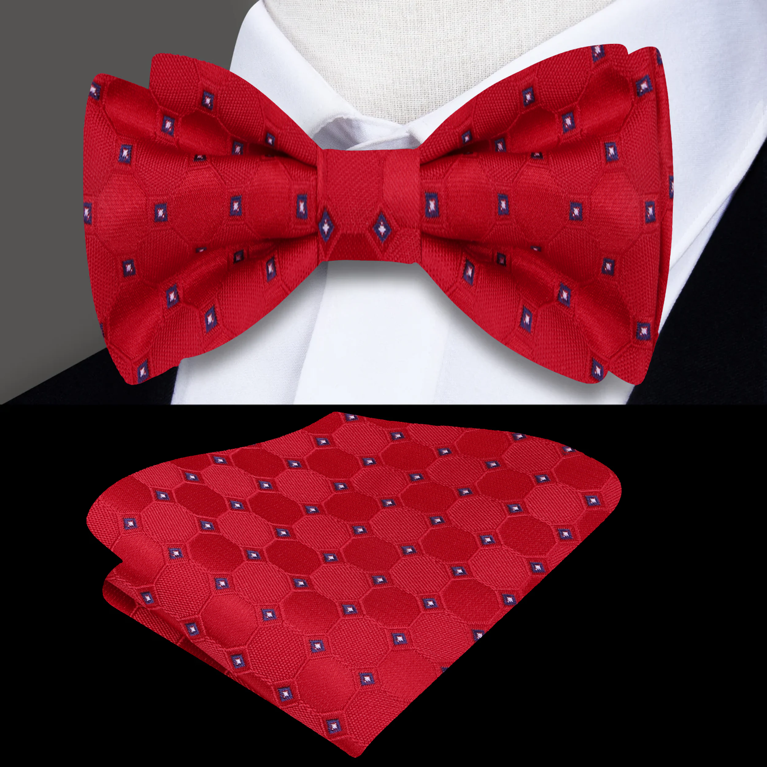 Main: Red Geometric Bow Tie and Pocket Square
