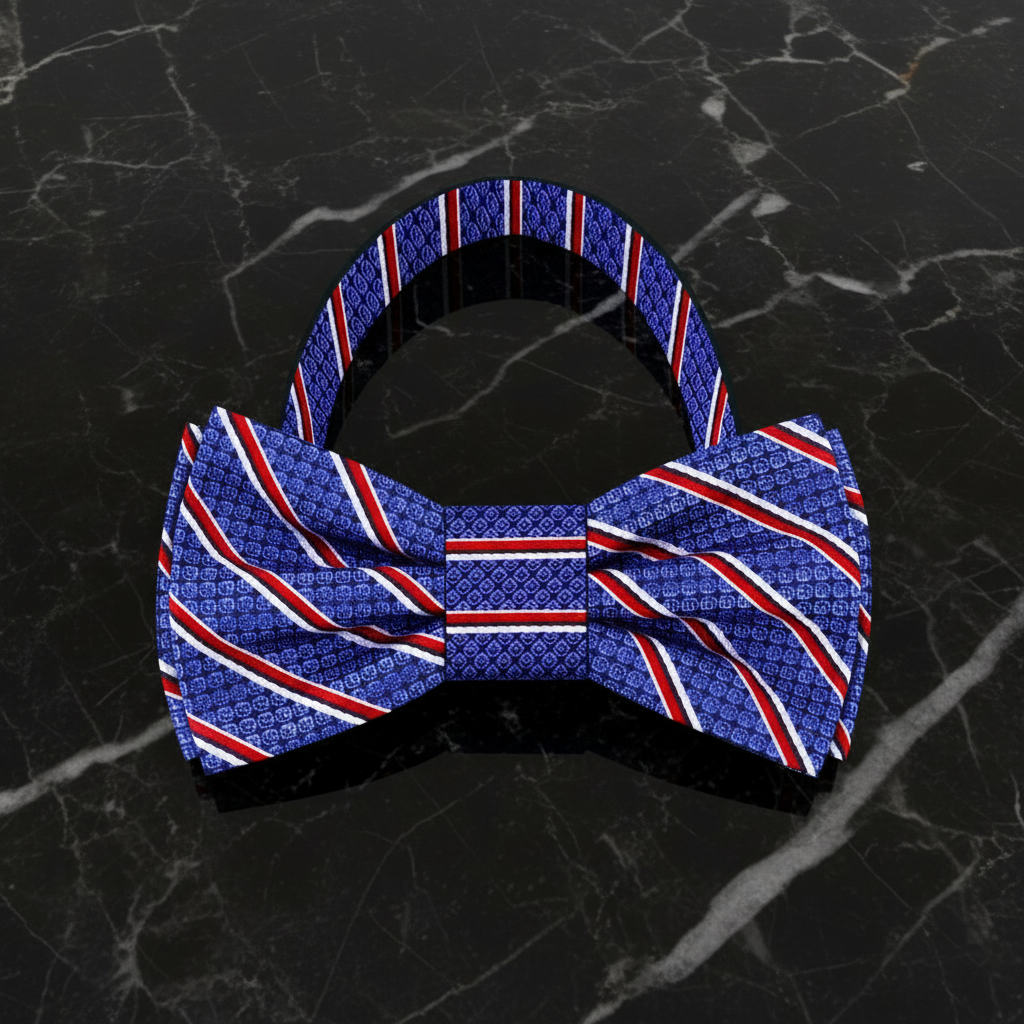 Blue bow tie with red and white stripes on a black marble background
