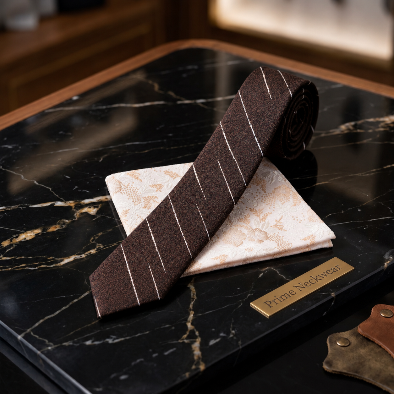 Brown white streak tie and accenting square thin