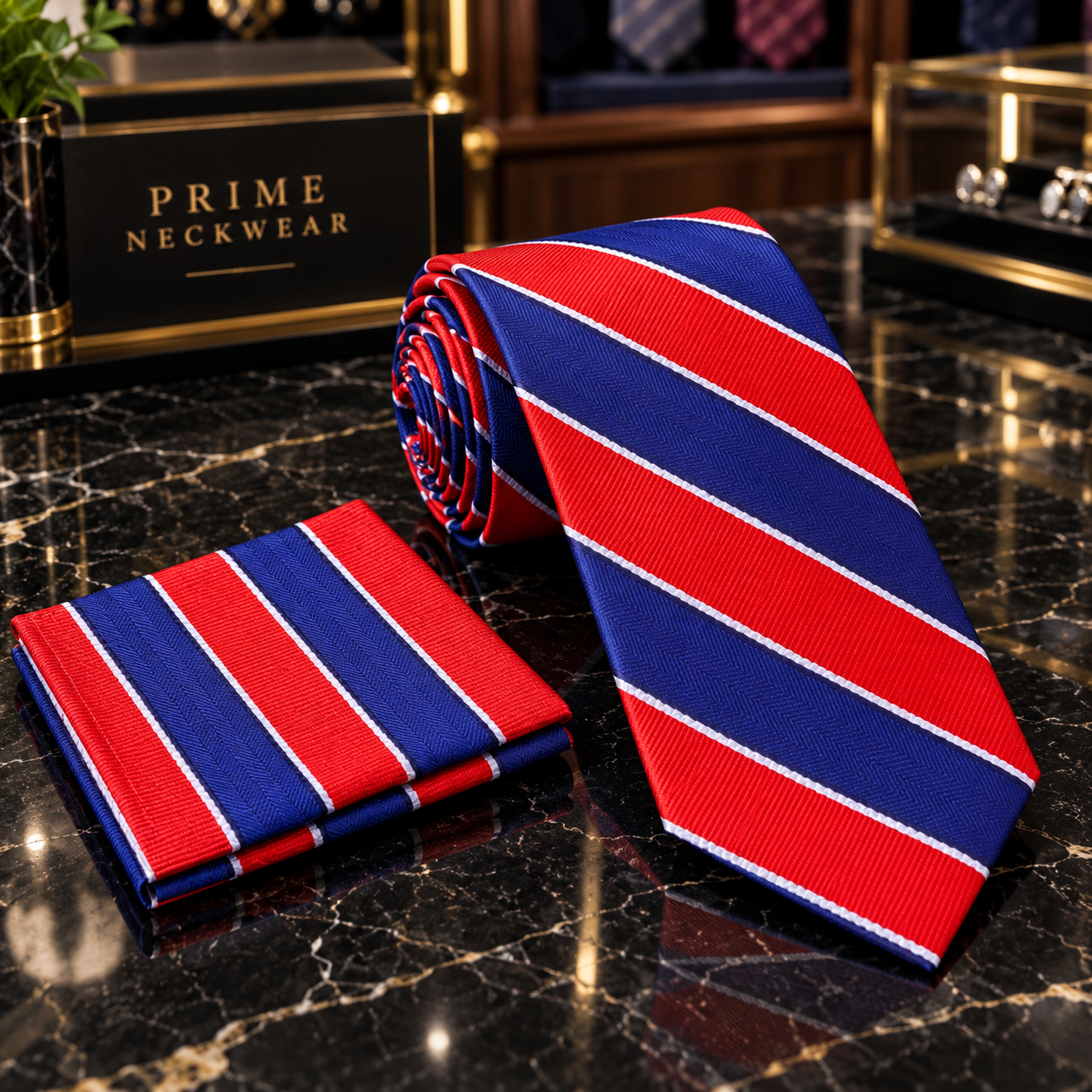 Red Blue White Stripe Tie and square 22