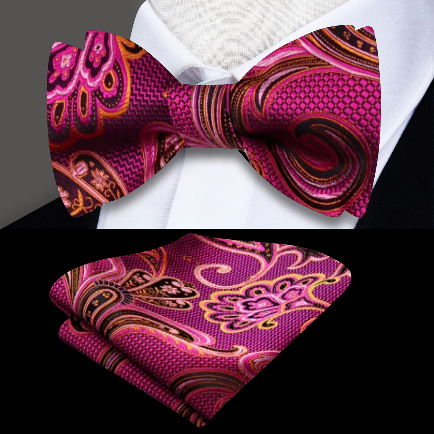 A Pink, Orange, Black Paisley Pattern Silk Self Tie Bow Tie, Matching Pocket Square