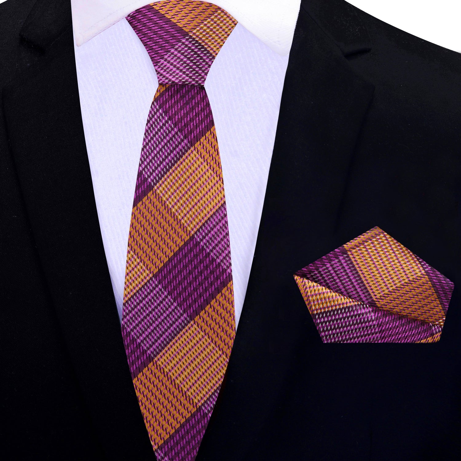 Thin Tie: Purple and Orange Plaid Necktie and Pocket Square