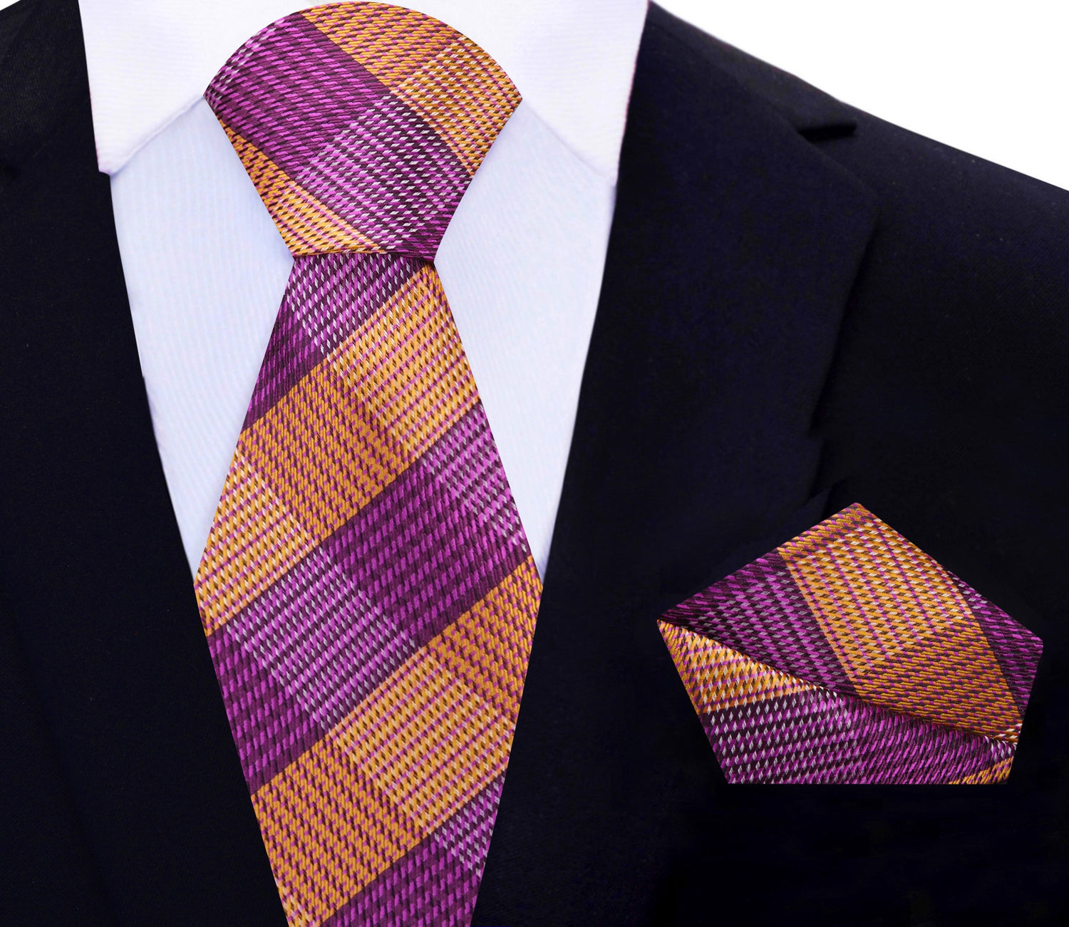 Purple and Orange Plaid Necktie and Pocket Square
