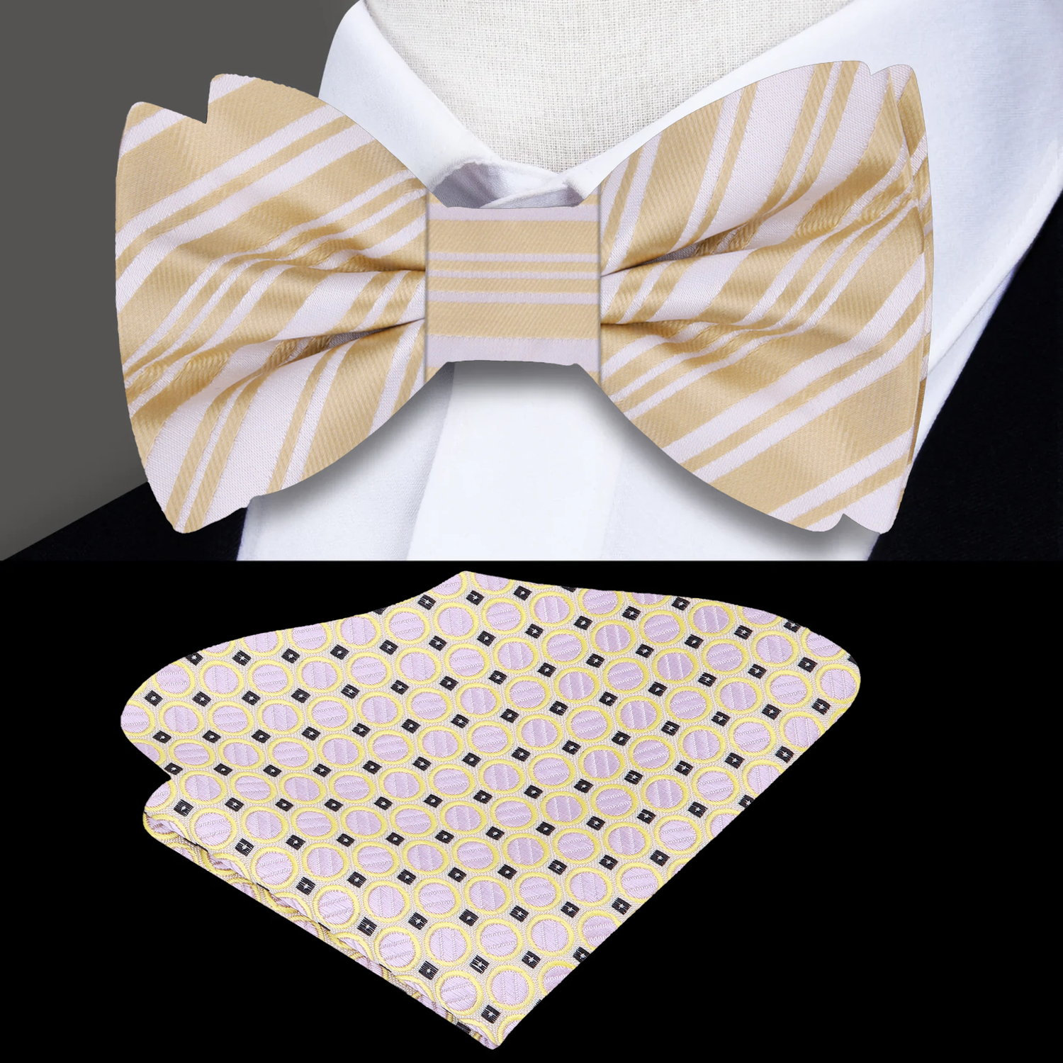 Soft Gold, Pearl Stripe Silk Bow Tie And Accenting Pocket Square
