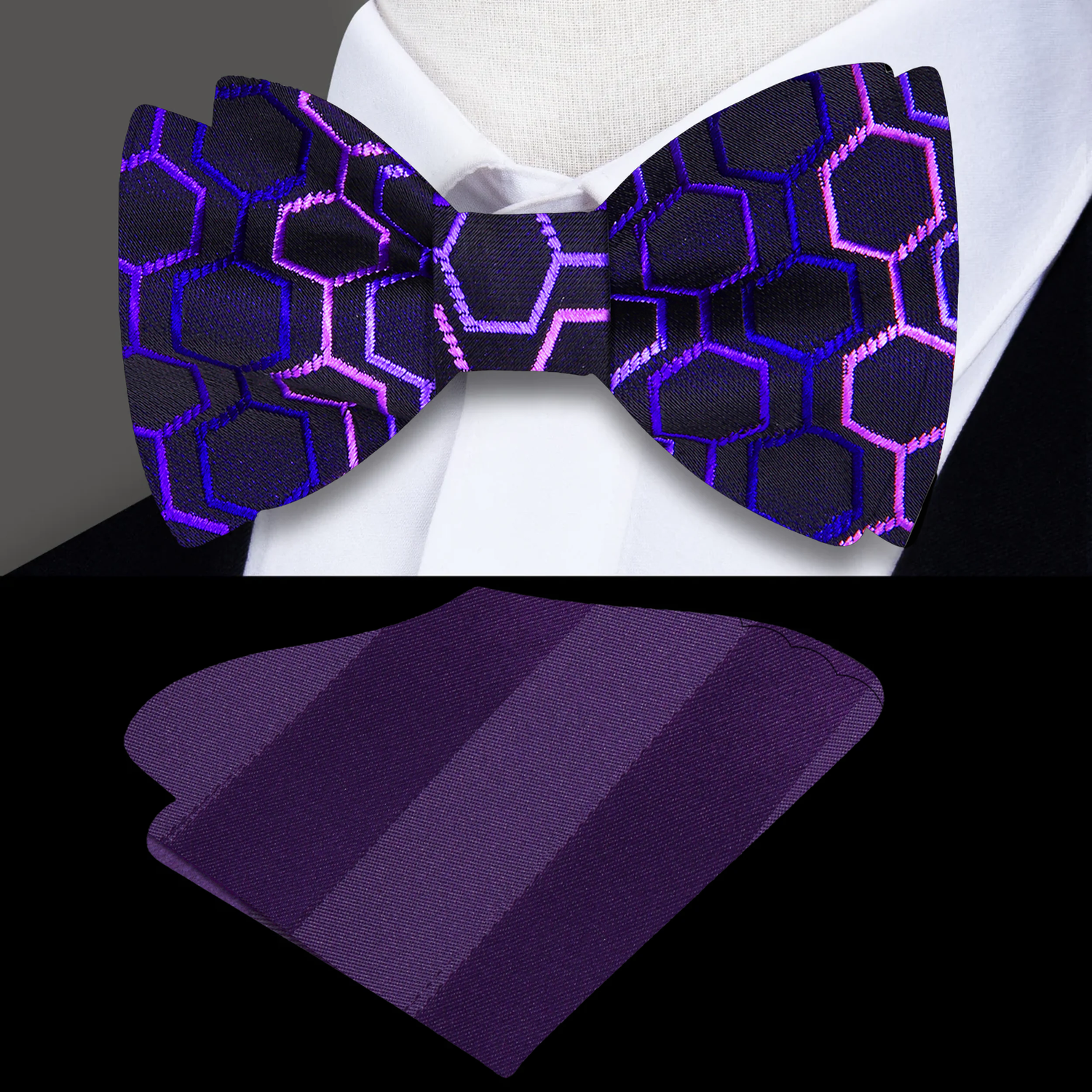 Geometric patterned bow tie and purple stripe pocket square on a mannequin.