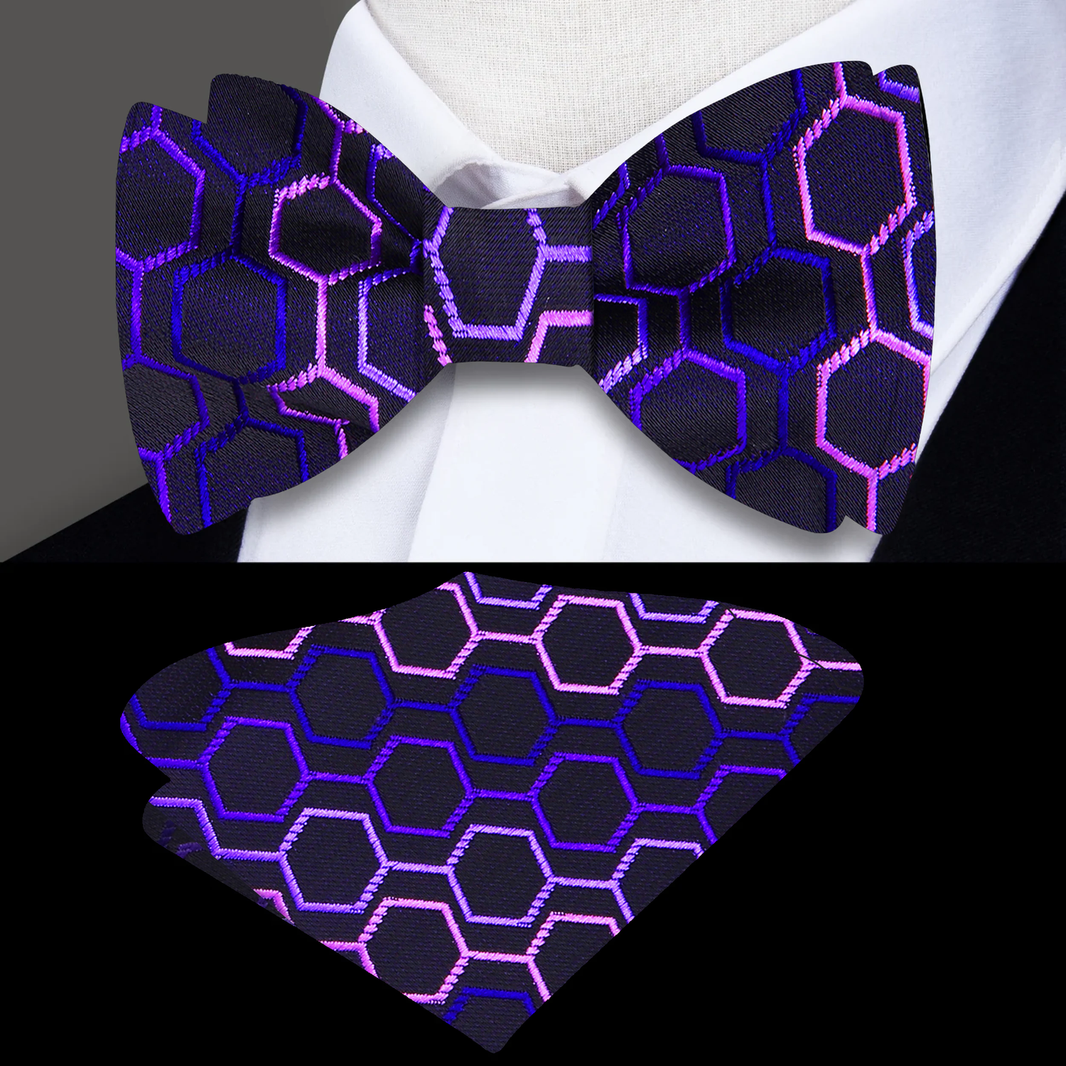 Main A Purple Geometric Diamond Pattern Silk Self Tie Bow Tie, Matching Pocket Square