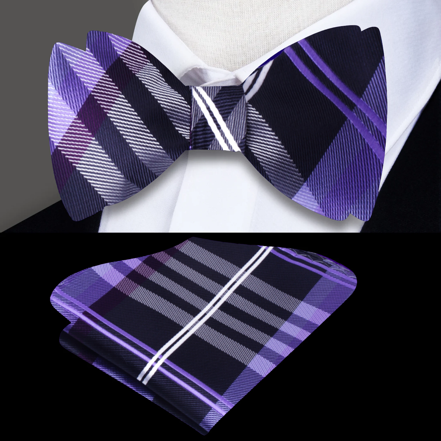 Black, Purple Plaid Bow Tie and Pocket Square