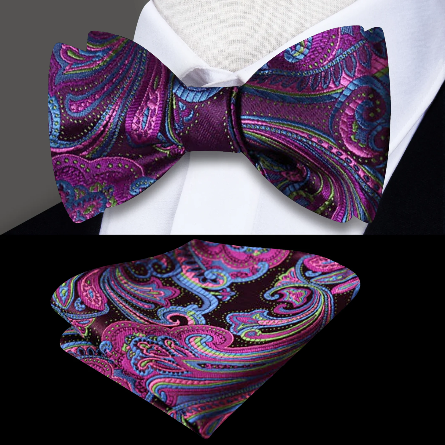 A Purple, Light Blue Intricate Floral with Paisley Pattern Silk Self Tie Bow Tie, Matching Pocket Square