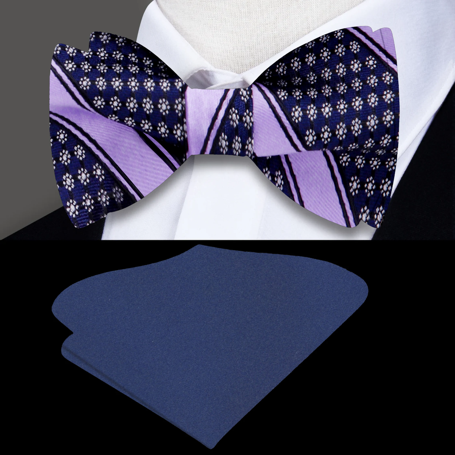 A Purple Stripe Pattern Silk Self Tie Bow Tie, Blue Pocket Square