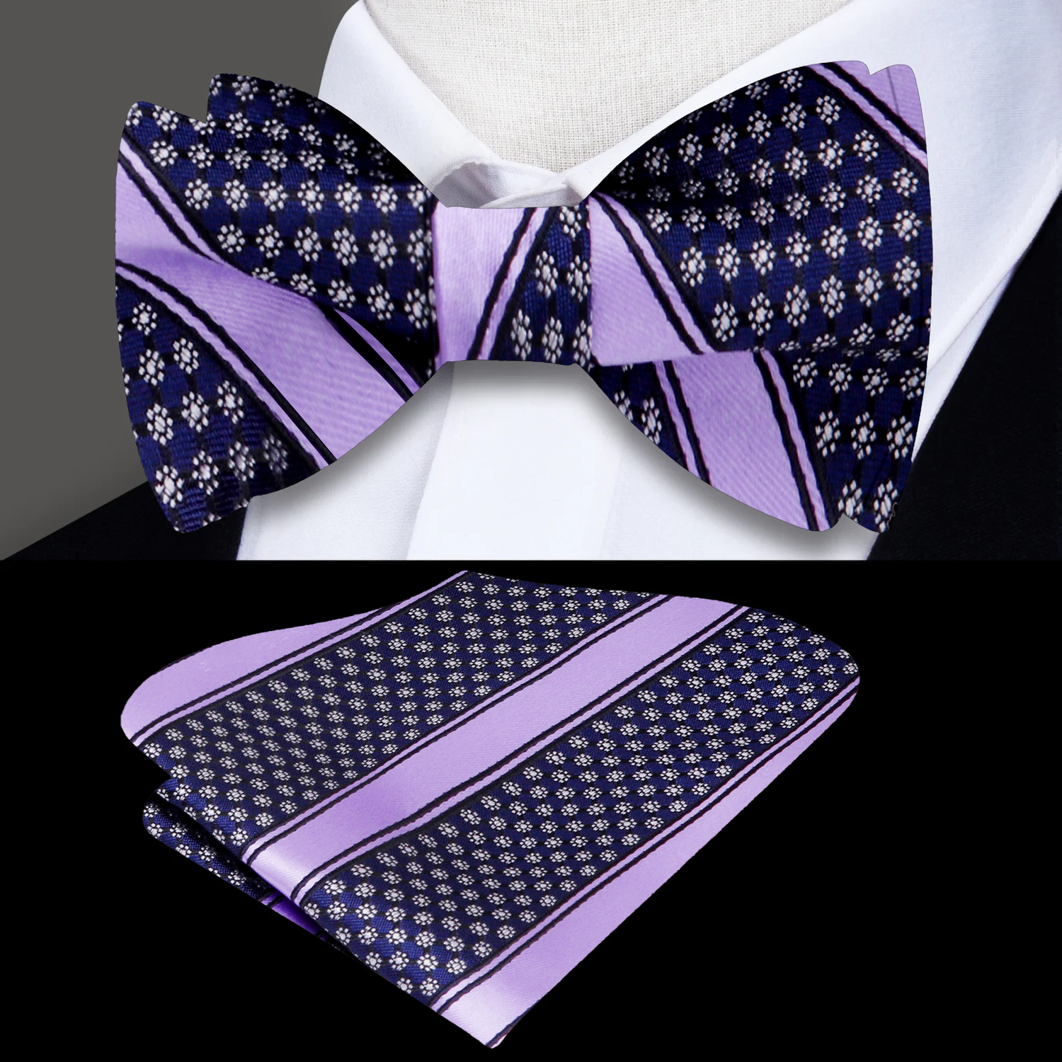A Purple Stripe Pattern Silk Self Tie Bow Tie, Matching Pocket Square
