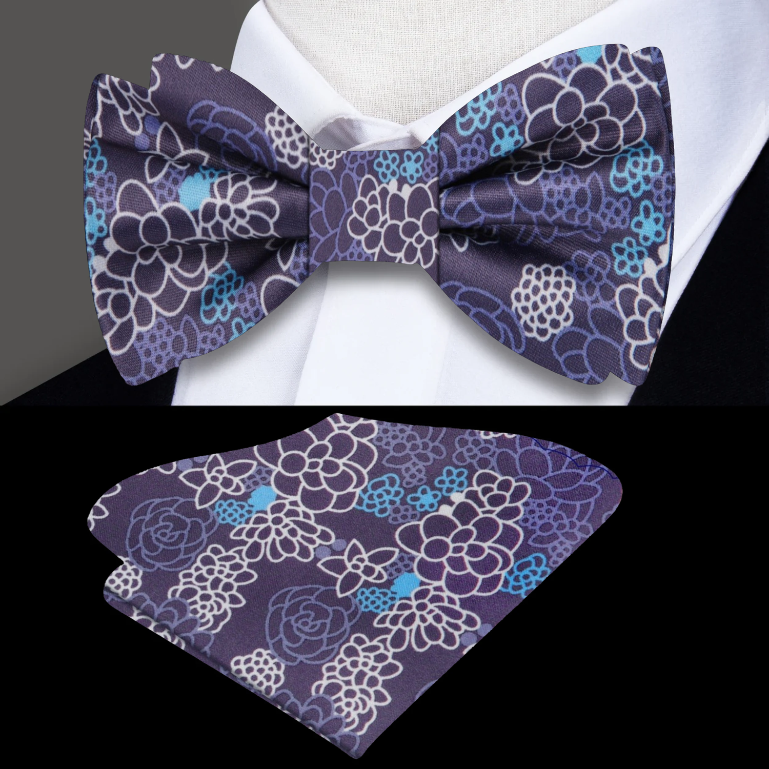 Purple, Blue Floral Bow Tie and Square